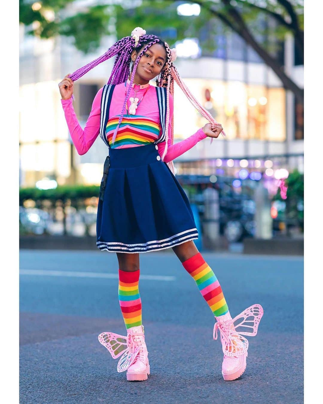 Harajuku Japanさんのインスタグラム写真 - (Harajuku JapanInstagram)「Sierra (@frokyo) on the street in Harajuku wearing a rainbow top and matching rainbow socks, a suspender skirt, heart choker with plushie, and platform glitter butterfly wing boots. She didn't share her brand info, but she said that @DollsKill is her favorite place to shop for fashion!」6月21日 23時43分 - tokyofashion