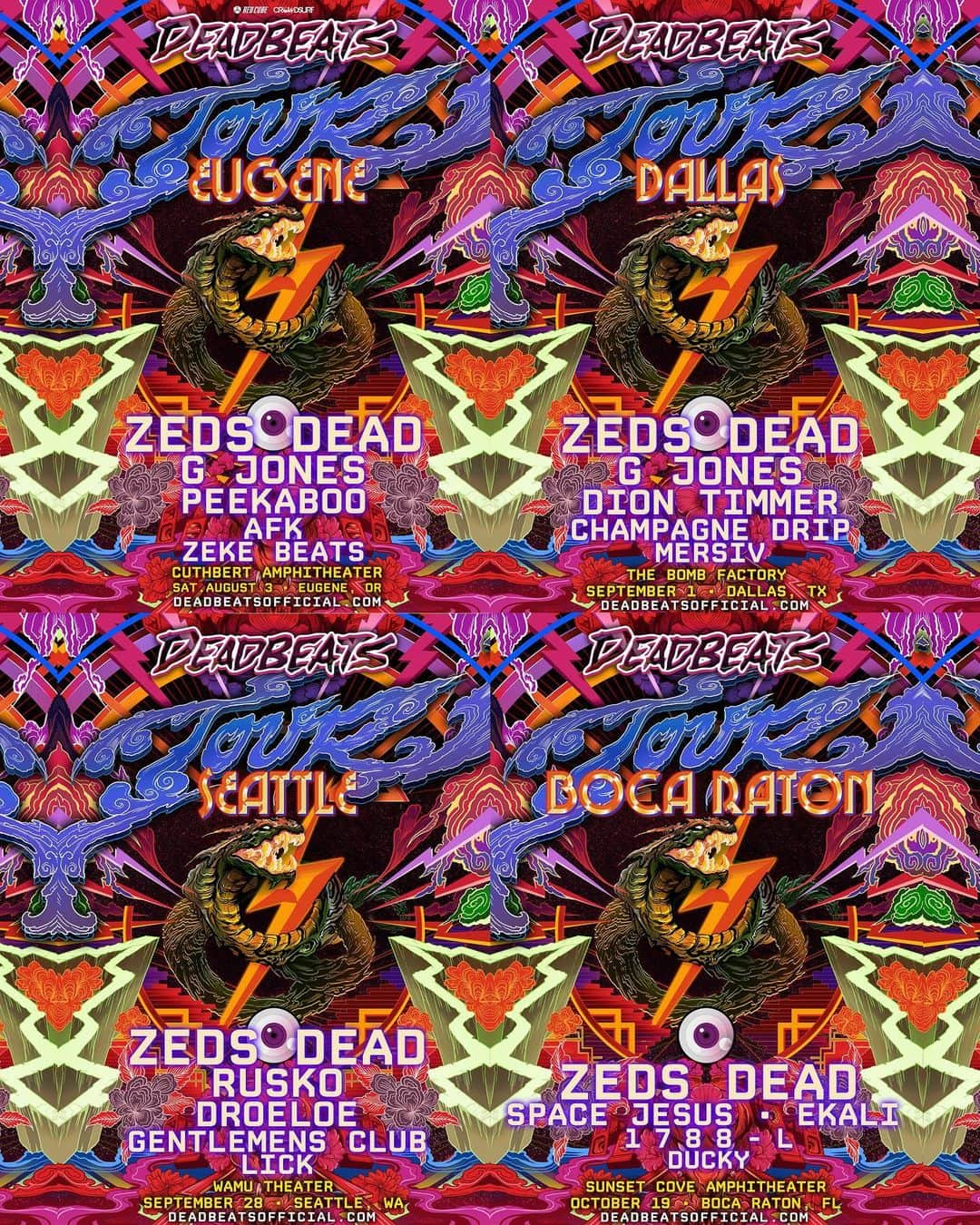 Zeds Deadさんのインスタグラム写真 - (Zeds DeadInstagram)「ONSALE NOW // 10AM LOCAL TIME 🔥 🐍 ☠️ @DEADBEATS EUGENE / DALLAS / SEATTLE / BOCA RATON 🎫 @ deadbeatsofficial.com」6月21日 23時47分 - zedsdead