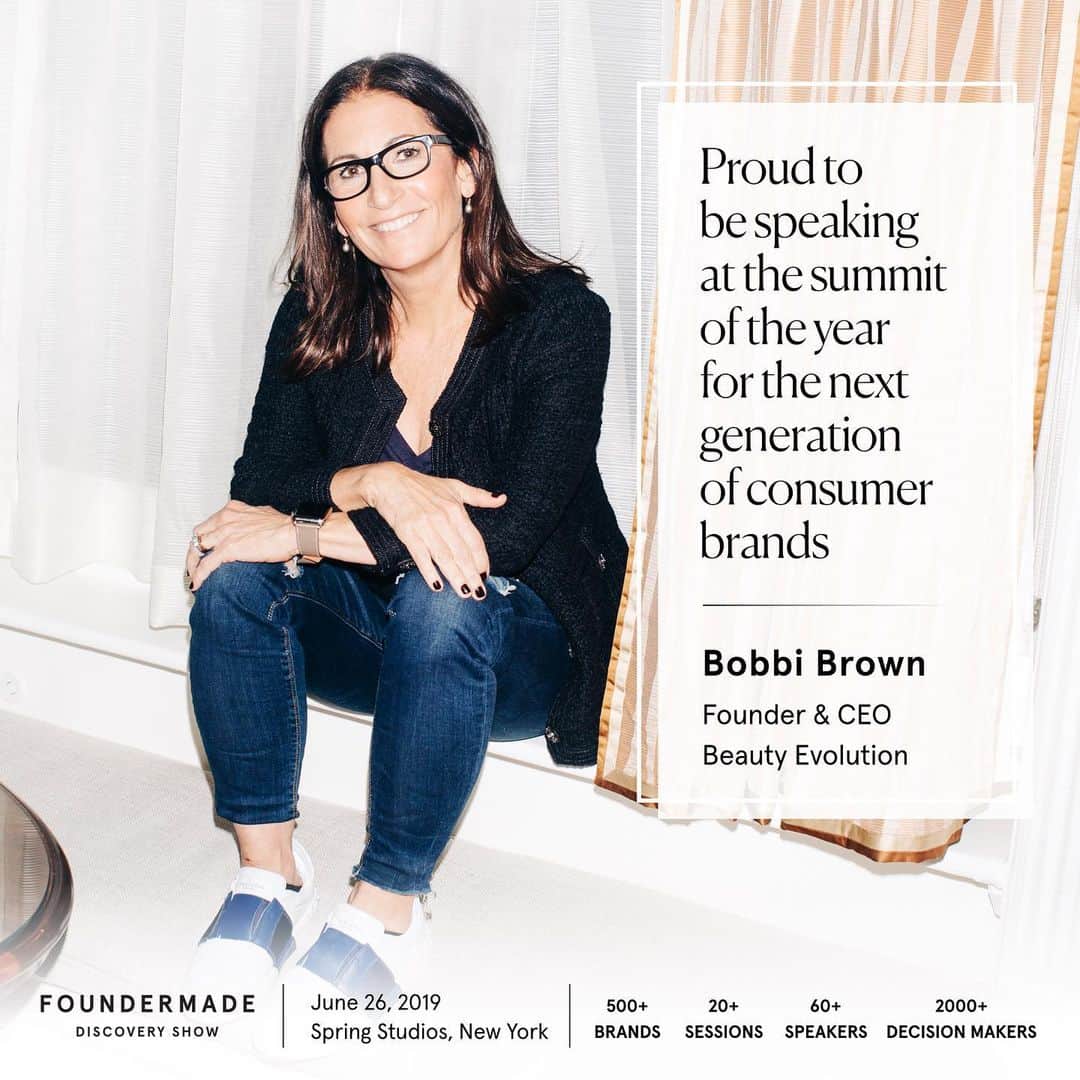 ボビー・ブラウンのインスタグラム：「I'm so excited to be speaking at the @FounderMade Discovery Show next week on Wednesday, June 26th. I love meeting other founders and young entrepreneurs. If you’re a consumer brand, entrepreneur, investor, or retailer then this the event for you. Check the link in bio to sign up and make sure to use the code SPEAKER for a a special rate.」