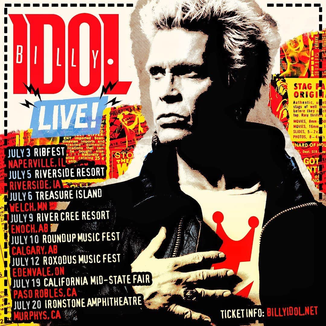 ビリー・アイドルさんのインスタグラム写真 - (ビリー・アイドルInstagram)「Summer tour dates! (👆🏼swipe) Ticket info for all shows at billyidol.net - - - - - - - - Wed, July 3 Ribfest Naperville, IL - - - - - - - - Fri, July 5 Riverside Resort Event Center Riverside, IA - - - - - - - - Sat, July 6 Treasure Island Resort Welch, MN - - - - - - - - Tue, July 9 River Cree Resort Enoch, AB - - - - - - - - Wed, July 10 Roundup Music Fest Calgary, AB - - - - - - - - Fri, July 12 Roxodus Music Fest Edenvale, ON - - - - - - - - Fri, July 19 California Mid State Fair Paso Robles, CA - - - - - - - - Sat, July 20 Ironstone Amphitheatre  Murphys, CA - - - - - - - - *All August dates below are co-headlining shows with @bryanadams - - - - - - - - Thu, Aug 1 Gilford, NH Bank of New Hampshire Pavilion - - - - - - - - Sat, Aug 3 Uncasville, CT Mohegan Sun - - - - - - - - Sun, Aug 4 Wantagh, NY Jones Beach Theater - - - - - - - - Tue, Aug 6 Syracuse, NY St. Joseph's Health Amphitheater at Lakeview - - - - - - - - Wed, Aug 7 Clarkston, MI DTE Energy Music Theater - - - - - - - - Fri, Aug 9 Darien Center, NY Darien Lake Amphitheater - - - - - - - - Sat, Aug 10 Holmdel, NJ PNC Bank Arts Center - - - - - - - - Mon, Aug 12 Bristow, VA Jiffy Lube Live - - - - - - - - Ticket info for all show dates at billyidol.net」6月17日 23時27分 - billyidol