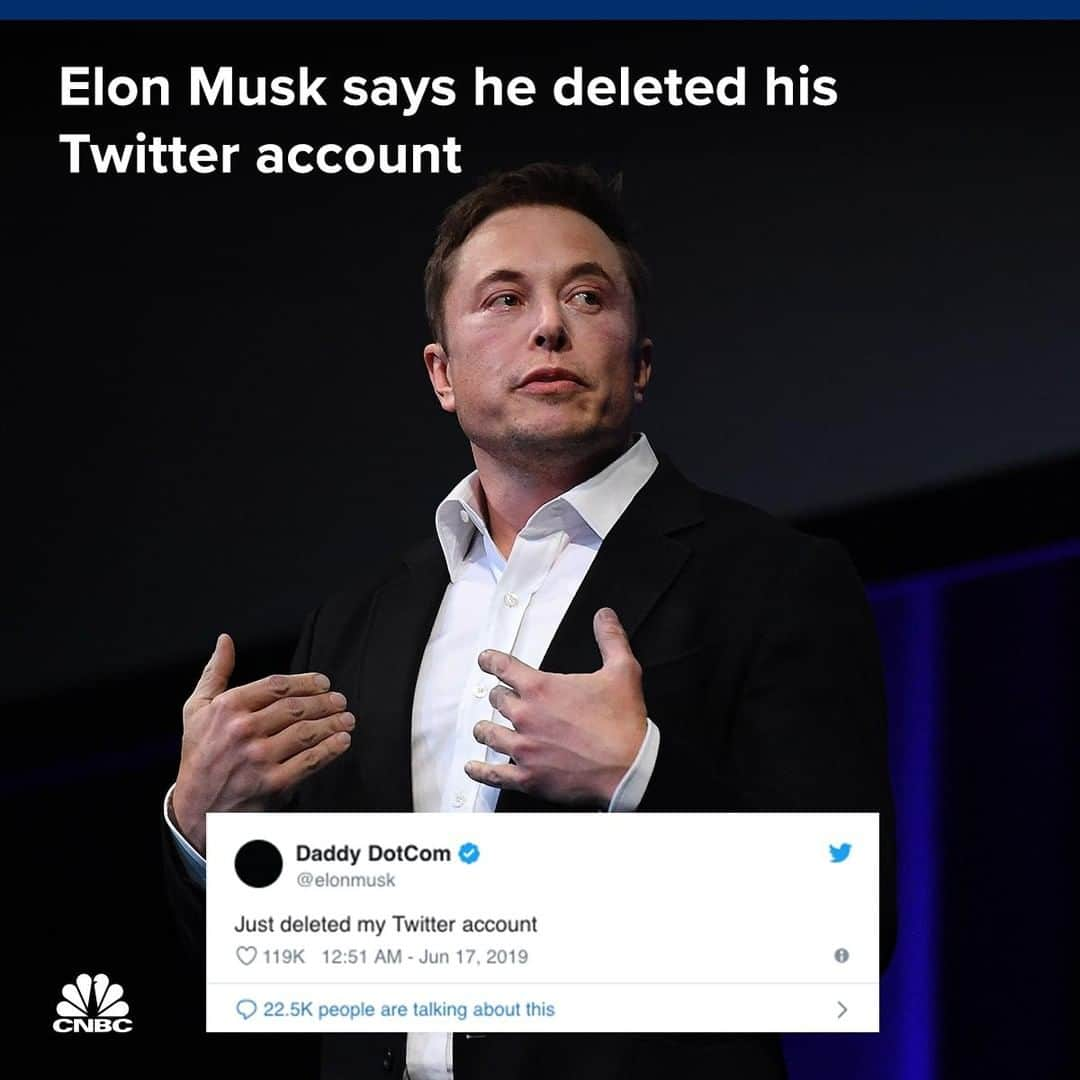 CNBCさんのインスタグラム写真 - (CNBCInstagram)「Just months after a settlement with the SEC over his Twitter use, Tesla CEO Elon Musk says he “just deleted” his Twitter account. He made his statement in a tweet, but his account still appeared to be active after the post. Musk changed his user name to “Daddy DotCom.”﻿ ﻿ Musk's Twitter account has faced scrutiny, after a recent tweet landed him in hot water with regulators. In November, Musk was penalized by the SEC for tweeting that he had secured funding to take Tesla private. A few months later, the SEC said Musk violated the terms of the penalty.﻿ ﻿ In May, Musk made a deal with the SEC that requires a lawyer to approve any of his social media posts that include material information about Tesla.﻿ ﻿ Read more, at the link in our bio.﻿ *﻿ *﻿ *﻿ *﻿ *﻿ *﻿ *﻿ *﻿ #elonmusk #sec #tesla #spacex #technology #space #teslamotors #entrepreneur #future #tech #design #startup #model3 #business #rocket #startups #innovation #spacetravel #electric #twitter #socialmedia #business #businessnews #cnbc」6月18日 2時30分 - cnbc