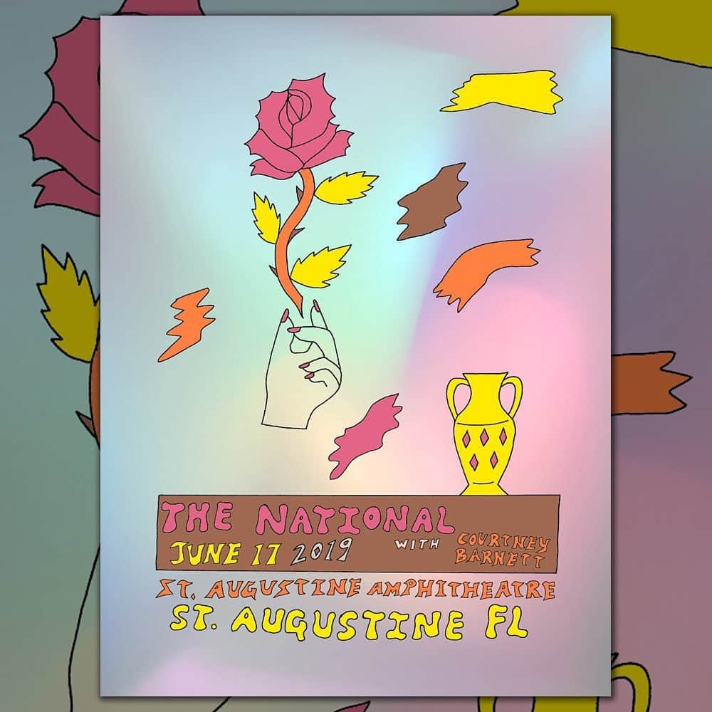 コートニー・バーネットのインスタグラム：「The Amp, St. Augustine, Florida tonight *early show* doors 5:30. Cb 6:30pm. @thenational 7:45pm. Poster by @smallspells 💕 The venue’s ‘Green Hands’ initiative: There are water refill stations throughout the venue using the the R-Cup program. Patrons may purchase an R-Cup for $3 which can be returned for a full refund, or kept for future use. This program has eliminated single use cups in the venue 💚💚💚」