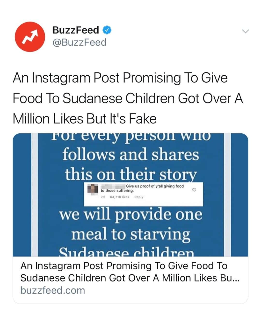 BuzzFeedさんのインスタグラム写真 - (BuzzFeedInstagram)「Over the weekend, an account called "Sudan Meal Project" surfaced on Instagram and promised that every share of their post to your story would mean one meal donation. It was fake. Read the full story 👉 link in bio.」6月18日 5時00分 - buzzfeed