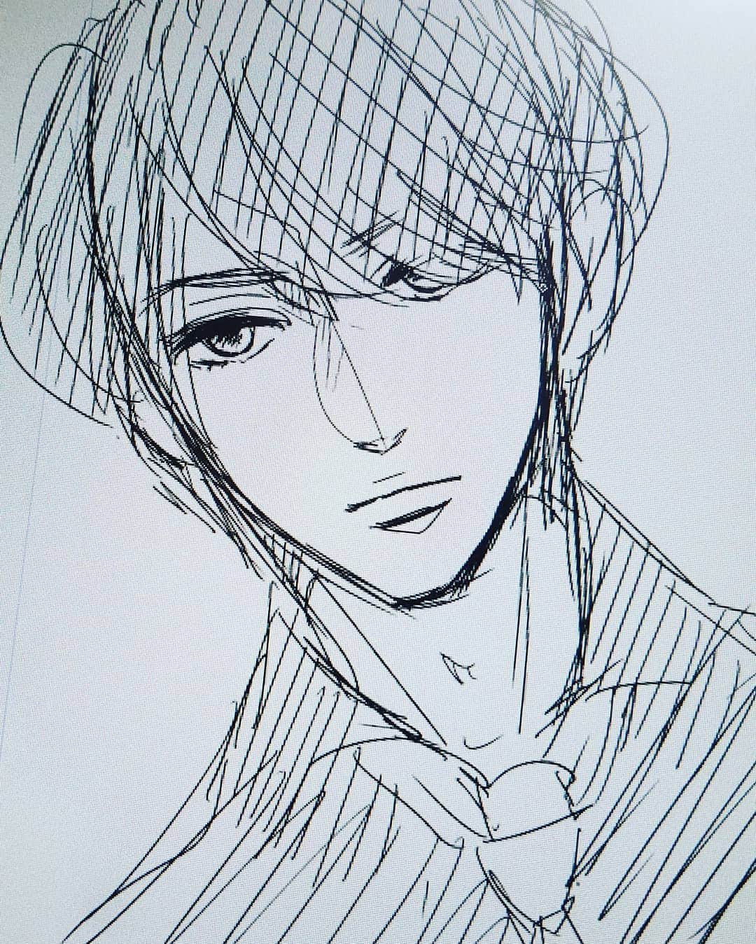 朱神宝のインスタグラム：「らくがき。ドラマ版深見さん。 うーん、ちょっと前髪長すぎたかな？😌 黒シャツ…いいよね✨漫画の深見にも、もっと着せたいと思うくらい。黒シャツ最高👍 ドラマで沢山学ばせてもらおう❗ #コヒバニ」