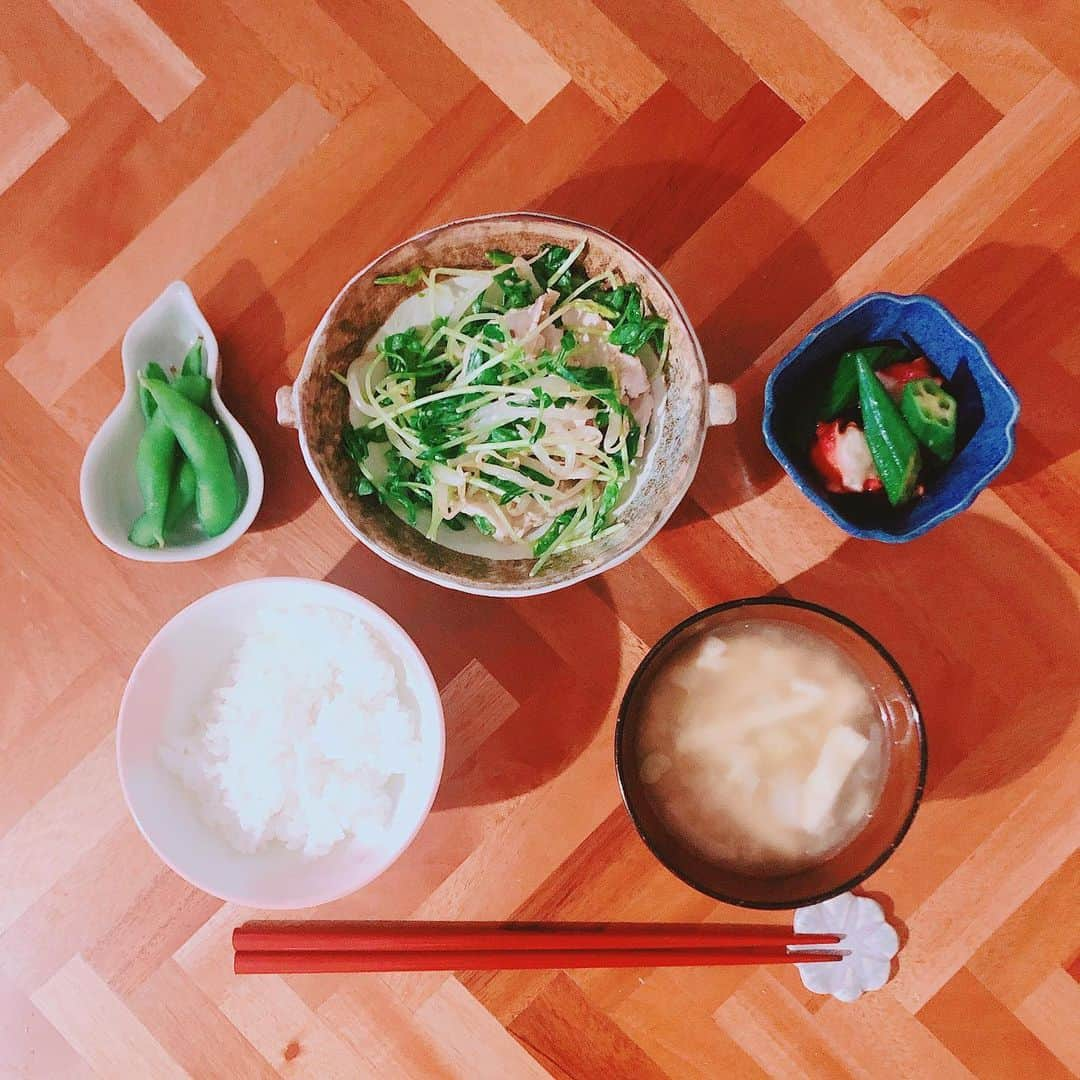 加藤ナナさんのインスタグラム写真 - (加藤ナナInstagram)「今日の夜 #かとうごはん は﻿ ﻿ ・豚しゃぶと豆苗ともやしのマヨポン和え﻿ ・タコとオクラのマリネ﻿ ・塩茹で枝豆﻿ ・ごはん﻿ ・油揚げとねぎの味噌汁﻿ ﻿ です~☺️🙏﻿ あぁやはり手作りご飯はうまい。♡ #左利きなのでお箸逆すまぬ🥢🥺」6月18日 19時16分 - katouchan