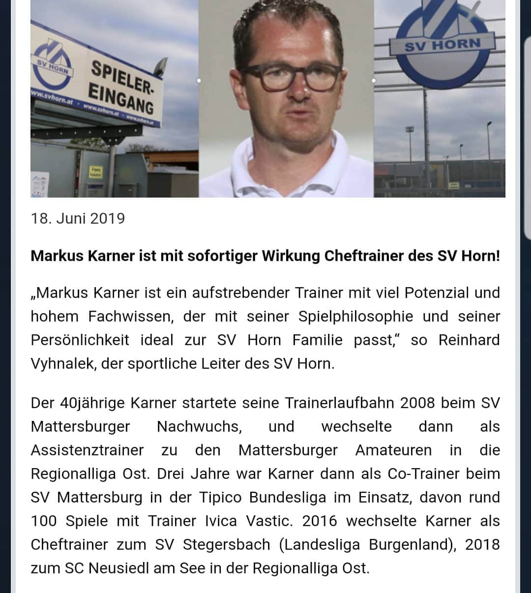 SVホルンさんのインスタグラム写真 - (SVホルンInstagram)「Markus Karner ist neuer Cheftrainer des SV Horn!  Mehr Details dazu auf unserer Homepage.」6月18日 19時42分 - svhorn1922