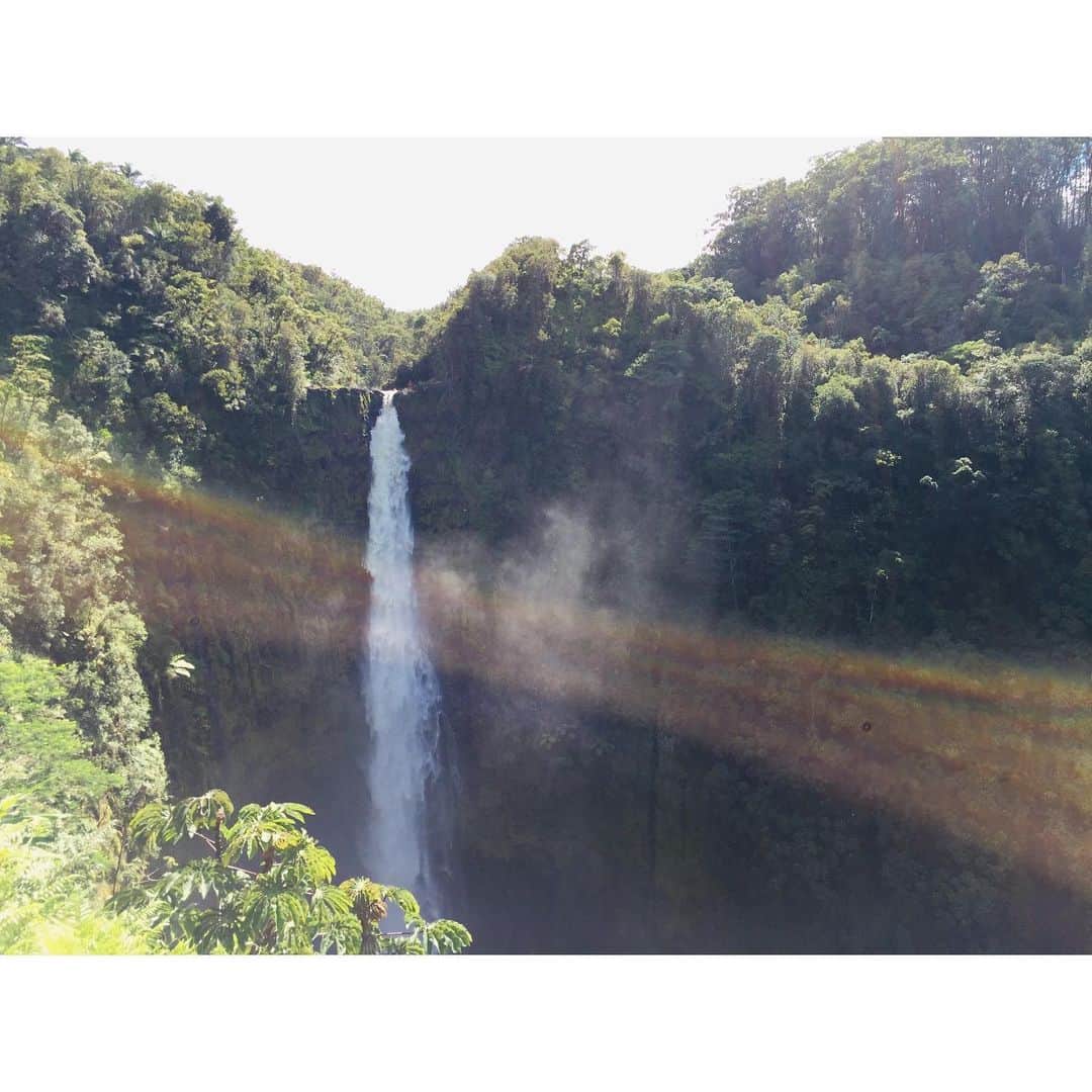中津悠希のインスタグラム：「あちらこちらにかかる光の虹に感動🌈✨ハワイの神話にも登場するアカカの滝🌈アカカは、魂という意味だそう🙏🏝 #hawaii #family #trip #bigisland #akakafalls #nature  #ハワイ #家族旅行」