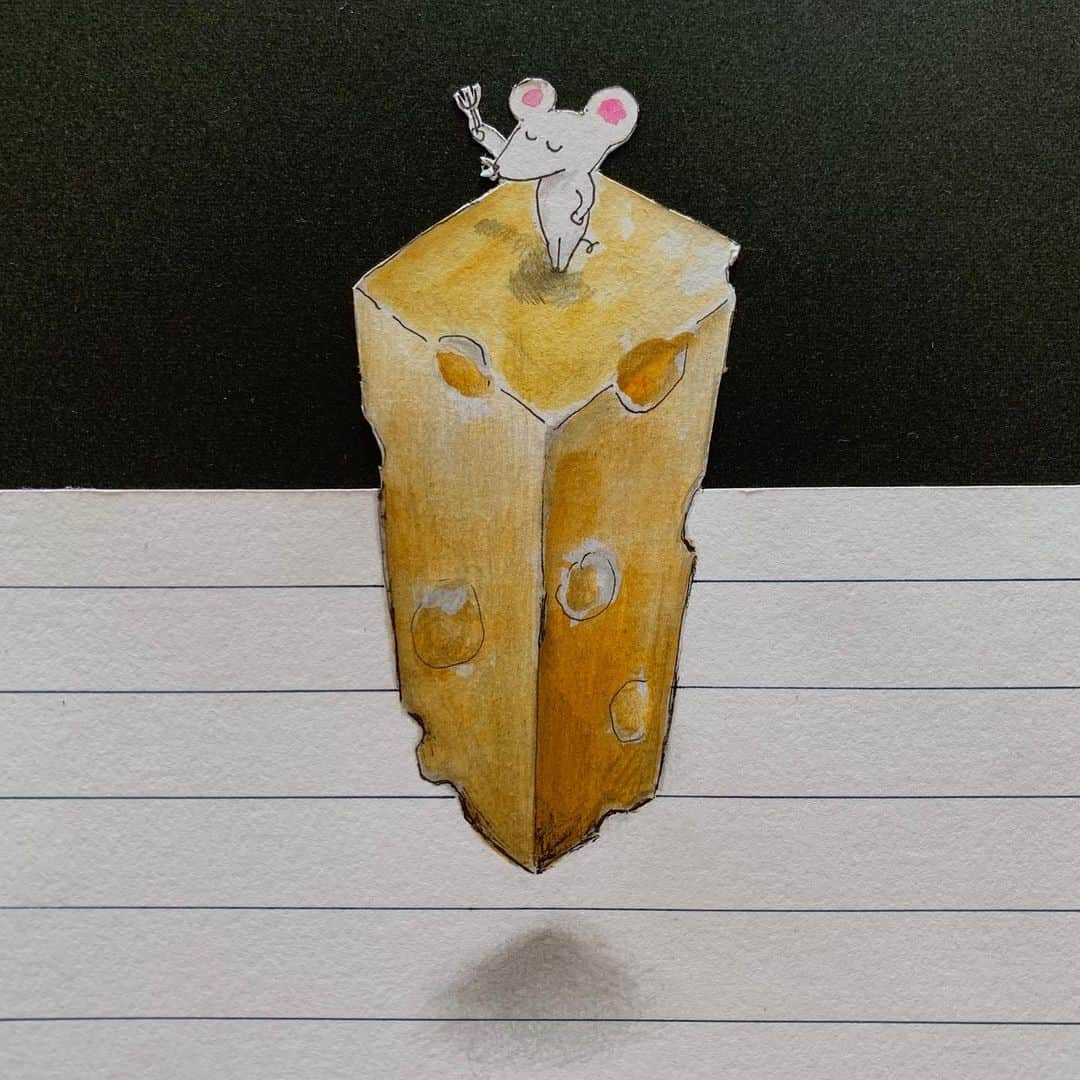ハルペイさんのインスタグラム写真 - (ハルペイInstagram)「🧀 みなさん、ごはん食べたかな？ . 浮いてるようにみえる？ . 3Dアートに挑戦してみたよ😆 なんか描きながら自分でもわけわからなくなるやつw . #3d#3dart  #チーズ#ねずみ#cheese #トリックアート .  #harupei#doodle#draw#drawing#illustrator#illustration#japan#絵#雑貨#湘南#イラスト#イラストレーター#ゆるいイラスト#ゆるい#ゆるかわ #茅ヶ崎」6月18日 20時39分 - harupeipei