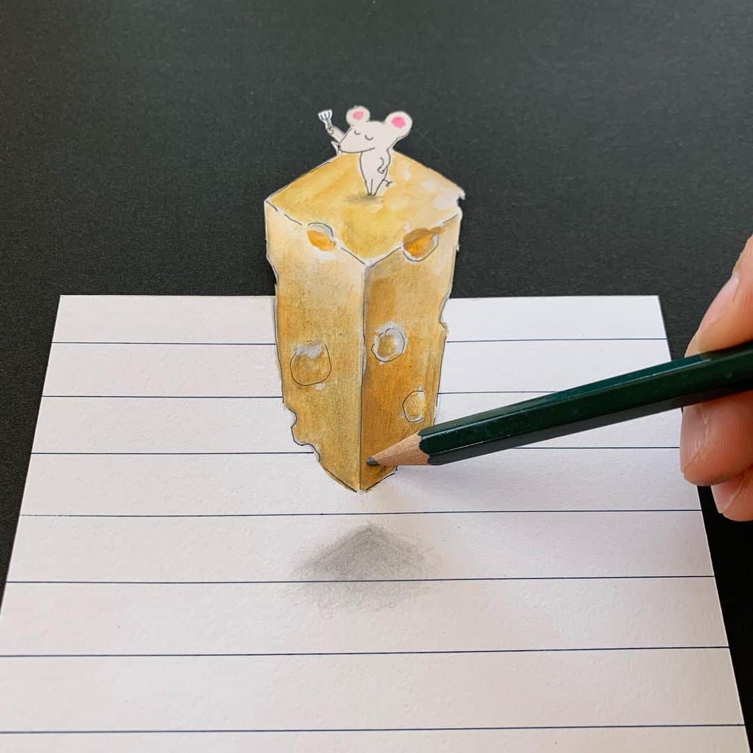 ハルペイさんのインスタグラム写真 - (ハルペイInstagram)「🧀 みなさん、ごはん食べたかな？ . 浮いてるようにみえる？ . 3Dアートに挑戦してみたよ😆 なんか描きながら自分でもわけわからなくなるやつw . #3d#3dart  #チーズ#ねずみ#cheese #トリックアート .  #harupei#doodle#draw#drawing#illustrator#illustration#japan#絵#雑貨#湘南#イラスト#イラストレーター#ゆるいイラスト#ゆるい#ゆるかわ #茅ヶ崎」6月18日 20時39分 - harupeipei