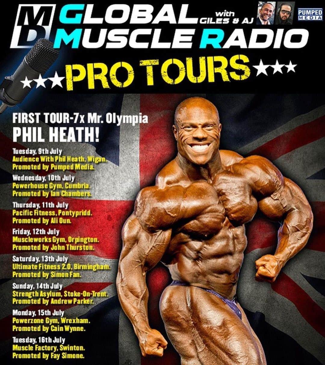 Phil Heathのインスタグラム：「I can’t wait to get back out to the UK and meet with some of bodybuilding’s greatest fans. Check out the caption along with picture for full details. #PhilHeath #7xMrOlympia  #Repost @giles_tiger ・・・ Proud to release the dates for the very first @globalmuscleradio Pro Tour with 7-time Mr Olympia @philheath here in the UK 🇬🇧. Come one, come all! #globalmuscleradio #globalmuscleprotours #bodybuilding #ifbbproleague #musculardevelopment #uktour #legend #mrolympia @aj.kellyrobert @pumpedmedia @ifbbprojudgeianchem @ali666oun @pacific_supergym @muscleworksorpington @strengthasylum @powerzone_gym @cainwynne @ultimate_fitness_brm @si_fan @musclefactoryswinton @faysimone @delaney_onpoint89 @musculardevelopment 🇬🇧」