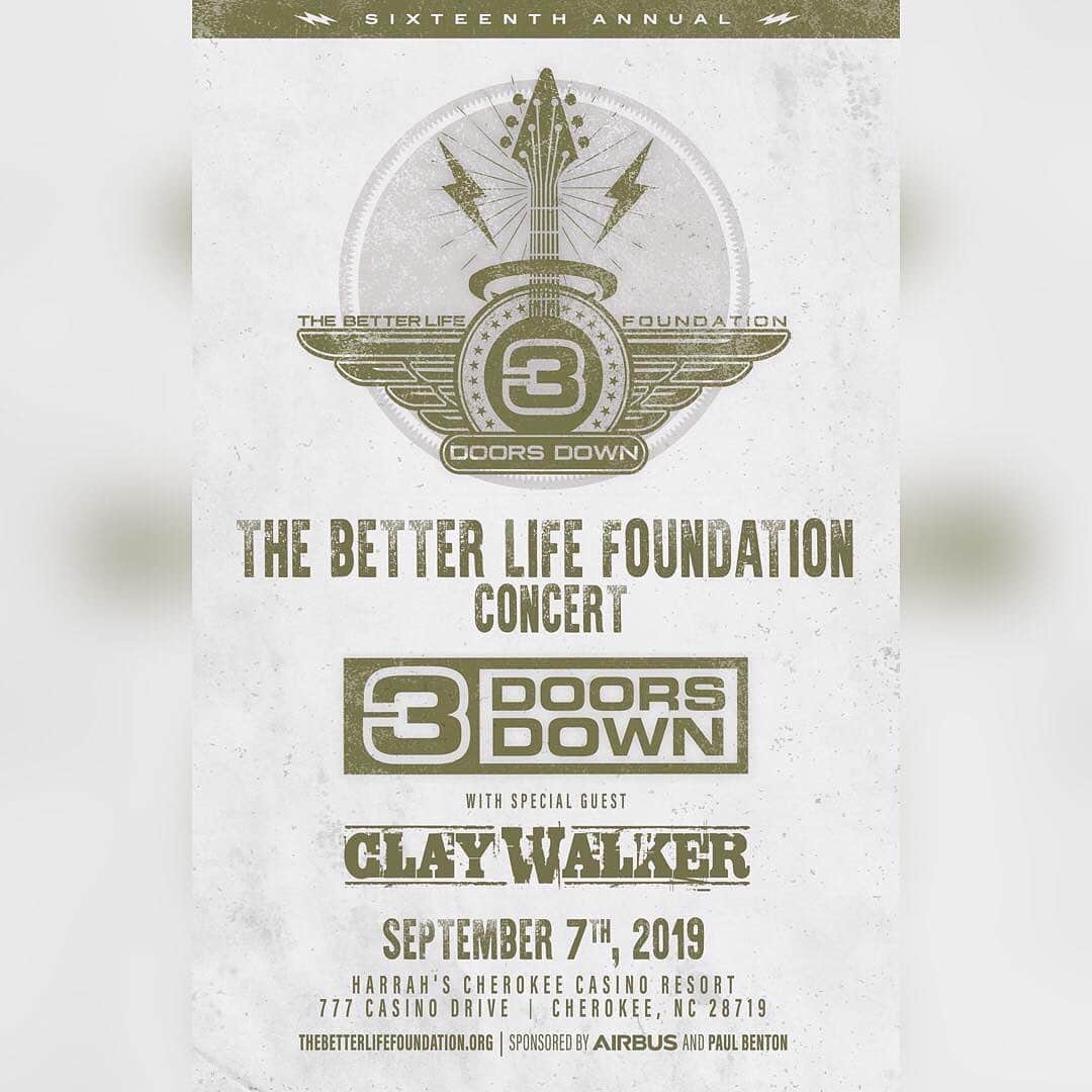 3 Doors Downのインスタグラム：「Our 16th annual The Better Life Foundation concert in Cherokee, NC is coming up in just a few months. We look forward to this show every year and are so excited our friend @officialclaywalker is joining us! Get your tickets now with the link in our bio.」