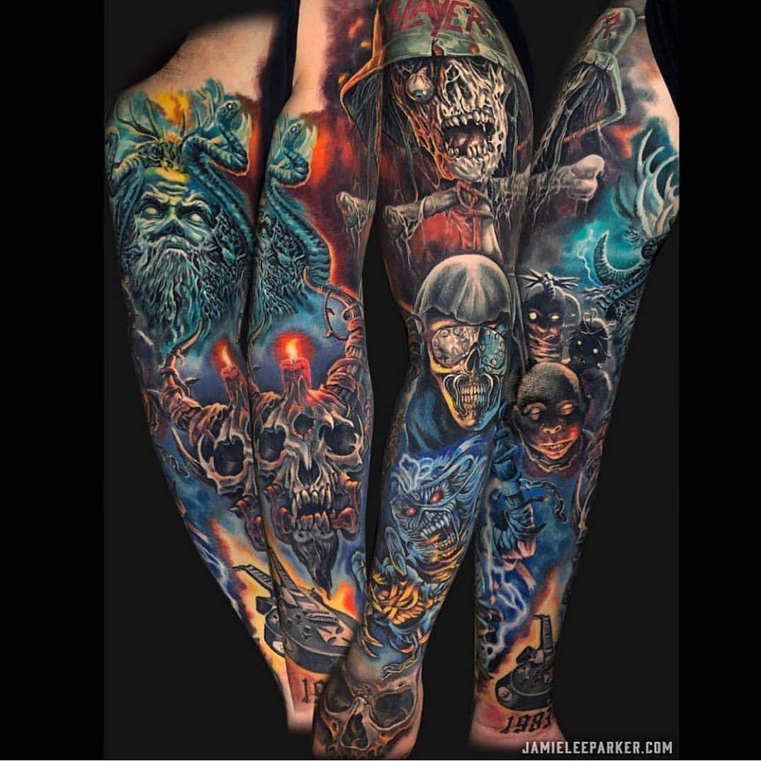 Megadethさんのインスタグラム写真 - (MegadethInstagram)「Amazing metal themed tattoo featuring Megadeth, Iron Maiden, Testament, Disturbed, Slayer and Demon Hunter. By @jamieleeparker」6月19日 3時44分 - megadeth