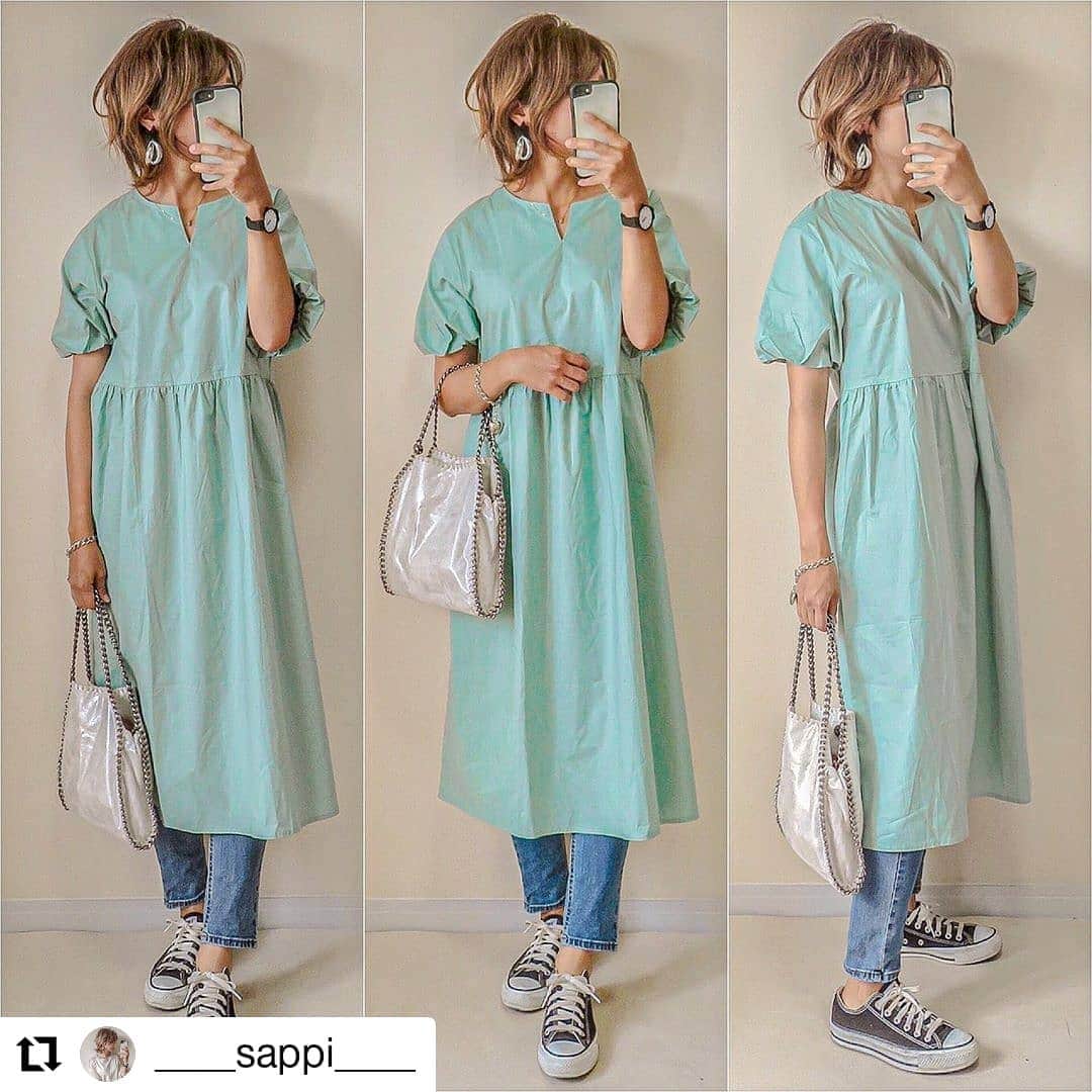 のインスタグラム：「#Repost @____sappi____ • • • • • • ・ ・ @shes_closet のワンピース👗✨ ミントグリーン可愛すぎる💚💚💚 袖ぽわんやで☝🏻️⁾⁾ ・ カジュアルに着たくてデニム合わせで⑅︎◡̈︎* ・ ・ ・ onepiece☞ @shes_closet denim☞ @gu_for_all_ @gu_global #ハイウエストシガレットアンクルジーンズ bag☞ @shopnikoniko shoes☞ @converse_jp ・ #wear #coordinate #fashion #ootd #ponte_fashion #mineby3mootd  #mamagirl #コーディネート #ママコーデ #ママファッション #大人カジュアル #カジュアルコーデ #プチプラコーデ #きょコ #今日のコーデ #着回しコーデ #お洒落な人と繋がりたい #お洒落さんと繋がりたい #しまパト #gu #uniqlo #ママリファッション #gu_for_all #guコーデ #gu新作」