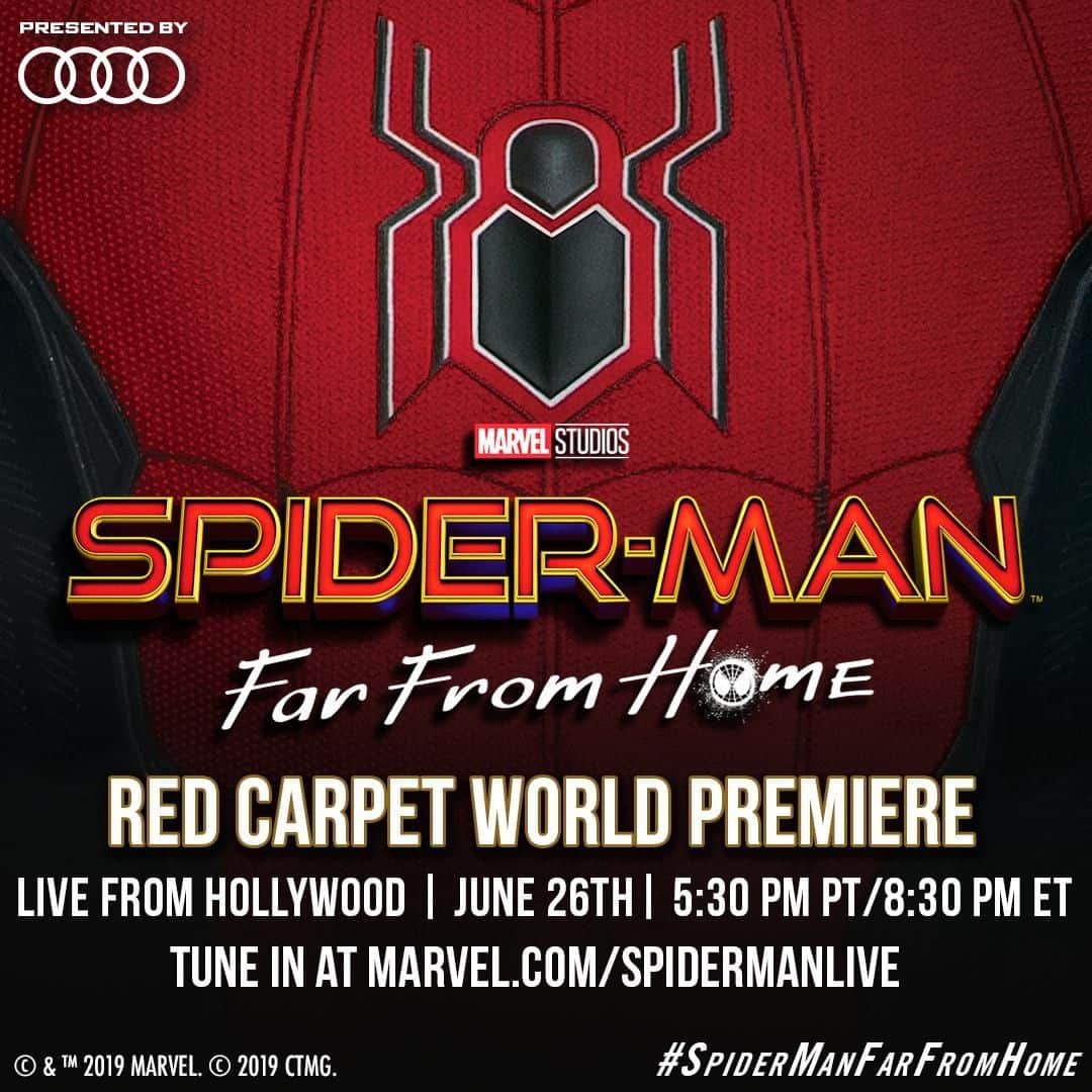 Marvel Entertainmentさんのインスタグラム写真 - (Marvel EntertainmentInstagram)「THWIP! We're going live from the Hollywood red carpet world premiere of #SpiderManFarFromHome, June 26 at 5:30pm PT/8:30pm ET.  Tune in to our livestream for interviews with the cast and more on marvel.com/spidermanlive, presented by @audi!」6月20日 5時48分 - marvel