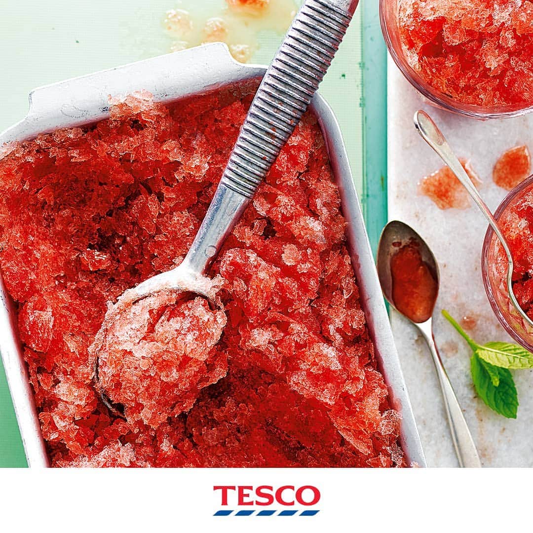 Tesco Food Officialさんのインスタグラム写真 - (Tesco Food OfficialInstagram)「Frozen juice has never looked so good. Sour watermelon and mint granita is a make-at-home spin on Italian sorbet - it’s as easy as blending Tesco chilled juice with a couple of fresh additions.  Ingredients 3 limes, juiced, plus extra to taste 75g golden caster sugar 6 fresh mint sprigs, plus extra sprigs, to serve 1.2kg watermelon, cubed 300ml pomegranate juice  Method Put the lime juice, sugar and mint sprigs in a pan. Warm over a low heat, stirring continuously, until the sugar has dissolved. Remove from the heat and set aside to cool completely. Discard the mint. In a blender, whizz the watermelon until the fruit has broken down. Using a spatula, push the watermelon mixture through a fine sieve into a freezer-proof bowl. Discard the pips left in the sieve. Add the pomegranate juice and the lime juice, to taste. Cover the bowl and freeze for 4-5 hrs, raking with a fork every hour to break up and disperse the ice crystals. The mixture should resemble slushy ice. To serve, spoon the mixture into glasses or ramekins and garnish with the extra mint sprigs.」6月19日 21時09分 - tescofood