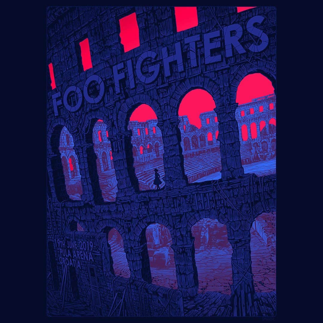 フー・ファイターズのインスタグラム：「NIGHT TWO CROATIA!! 🇭🇷 LET'S DO THIS!!🤘PULA ARENA - SOLD OUT! . 6:00p Doors Open 8:00p @frankcarter23 & the Rattlesnakes 9:15p  #FooFighters . 🖌: @tinymediaempire」