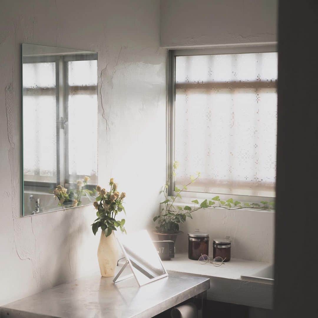 のインスタグラム：「鏡越しに花を置くと2倍に増えて得した気分だなあ。 #interior #インテリア #洗面所 #renovation #リノベーション」
