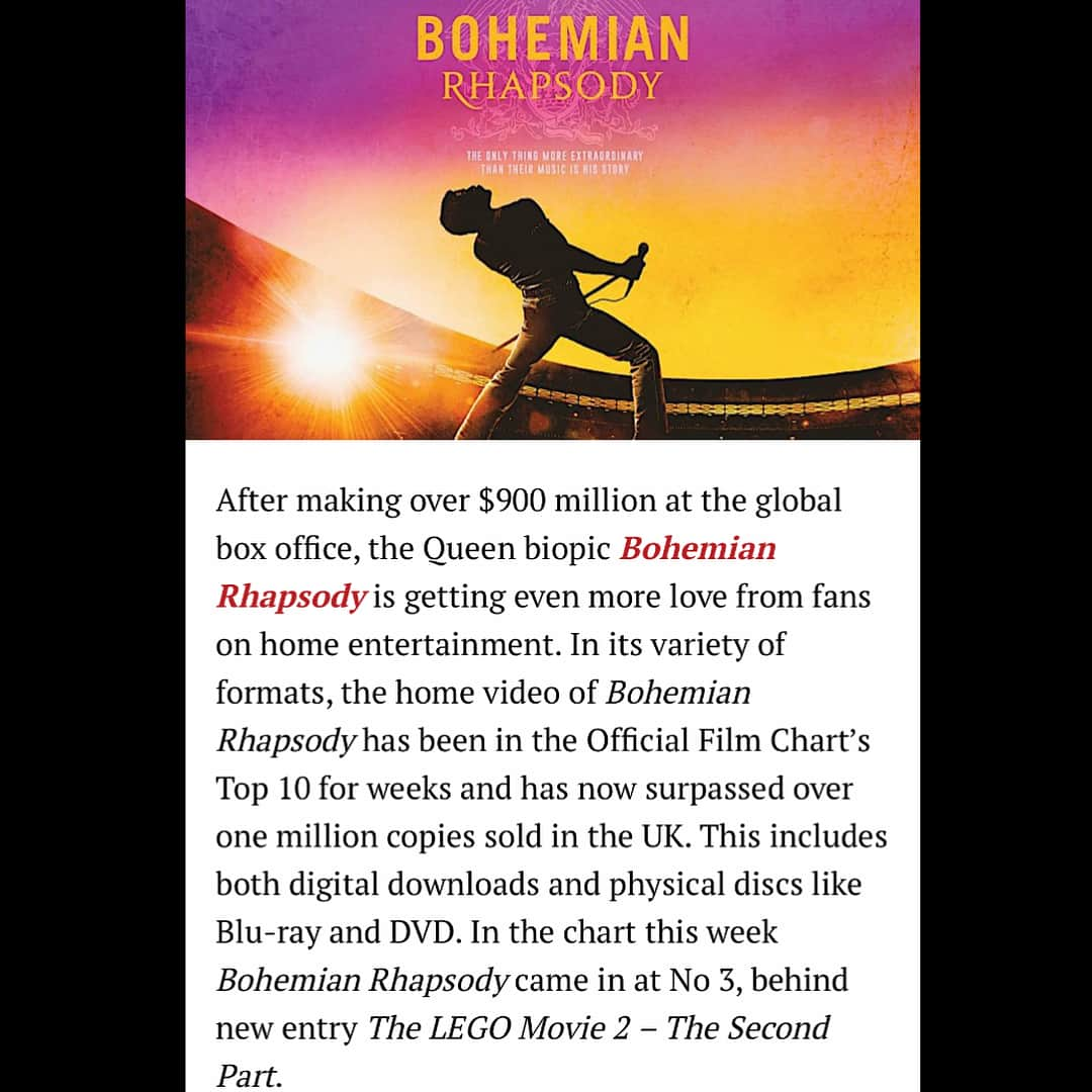 ブライアン・メイさんのインスタグラム写真 - (ブライアン・メイInstagram)「Can hardly believe what an incredible endorsement of the movie this news represents. Thank you thank you thank you, dear folks, for taking it to your hearts.  This extraordinary figure is just for the UK ! But it’s mirrored all around the world.  What a great way to set off on our next adventure.  And we do it in the knowledge that we have paid homage to our dear bro Freddie in a style he would have loved. Somewhere out there, Freddie is smiling wickedly !  Bri」6月20日 1時51分 - brianmayforreal