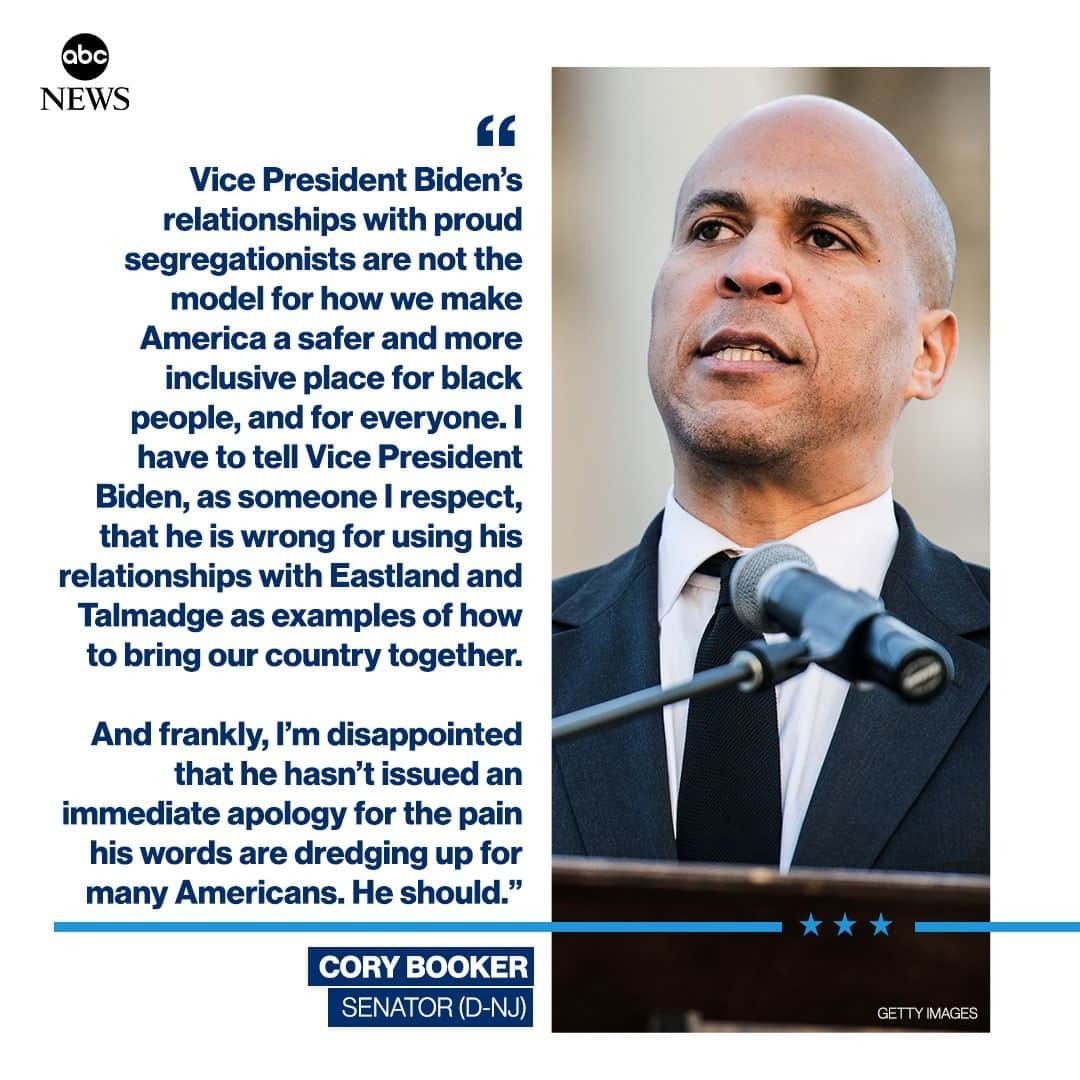 ABC Newsさんのインスタグラム写真 - (ABC NewsInstagram)「Former Vice Pres. Joe Biden under fire for comments about finding consensus as he worked as a senator alongside Southern Democrats with opposing views—including those who supported segregation. #joebiden #corybooker #2020 #politics」6月20日 2時32分 - abcnews