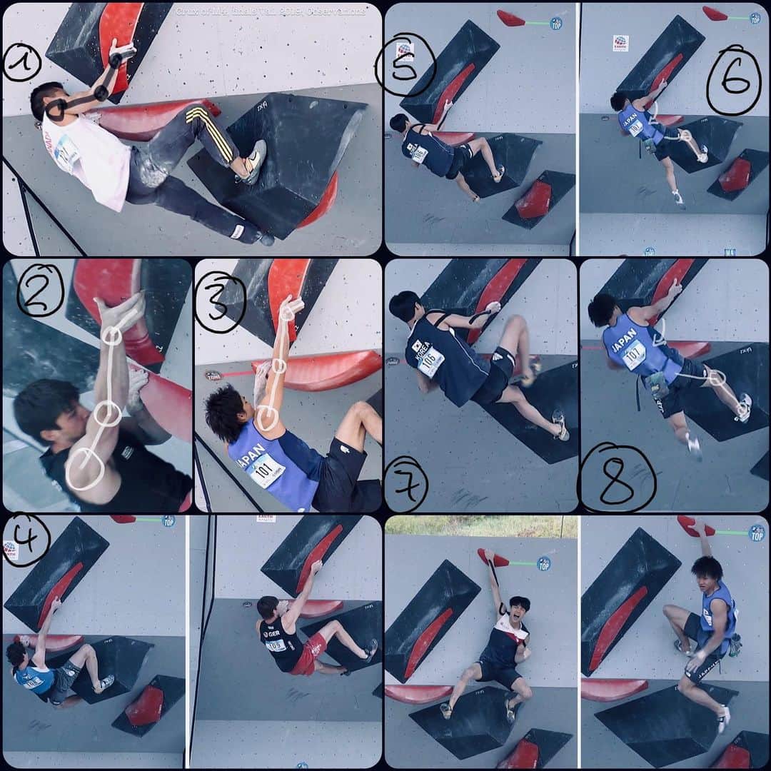 ウド・ノイマンさんのインスタグラム写真 - (ウド・ノイマンInstagram)「Vail 2019 M4 Crux Observations - Problem: finding alignement and putting joints in the optimal position. Wrist Ulnar Flexion when  loading needs to be avoided. (1,2,3) Not advantageous to be tall. (4) Two different Solutions: Flexing arm to improve wrist  alignement. (5,7) Perfect alignement with extended arm. Movement is initiated by leg Extension and shoulder Rotation. (6->8) #climbingtechniqueofthe21stcentury #climbingperformancecoaching #bouldering #ideastoimproveyourclimbing」6月20日 3時56分 - _udini_