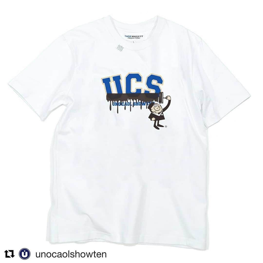 宇野薫のインスタグラム：「@tagswkgptyproductions × @unocaolshowten 20周年記念Tシャツ！！ #Repost @unocaolshowten with @get_repost ・・・ UCS × TAGS WKGPTY College Tee﻿ ・・・﻿ メッセージ性の高いグラフィックを落とし込んだプロダクトを展開する"TAGS WKGPTY"とのコラボレーションTシャツ。UCSが横浜・桜木町に実店舗を構えていた時代にも、店舗内のコーナーをブランドのアイテムとともに独自のインスタレーションで彩っていたブランドであることは知る人ぞ知る。あれから7年という年月を経て初めてのコラボレーションがUCSの20周年記念というタイミングで実現。"TAGS WKGPTY"が持っている細やかでこだわりのあるディティールが詰め込まれたTシャツをUCSらしく仕上げてもらいました。﻿ ・・・﻿ カラー：ホワイト、ブラック﻿ サイズ：S、M、L、XL﻿ 価　格：9,000円+税﻿ 発売時期：8月上〜中旬﻿ ﻿ ■ONEHUNDRED ATHLETIC JIU-JITSU-GI ART EXHIBITION & 100A POP-UP STORE﻿ 会期：2019年6月25日（火）～ 6月30日（日）﻿ 会場：BRICK & MORTAR 中目黒店﻿ 住所：東京都目黒区中目黒 1-4-4﻿ 営業時間：12:00～19:00﻿ 電話：03-6303-3300﻿」