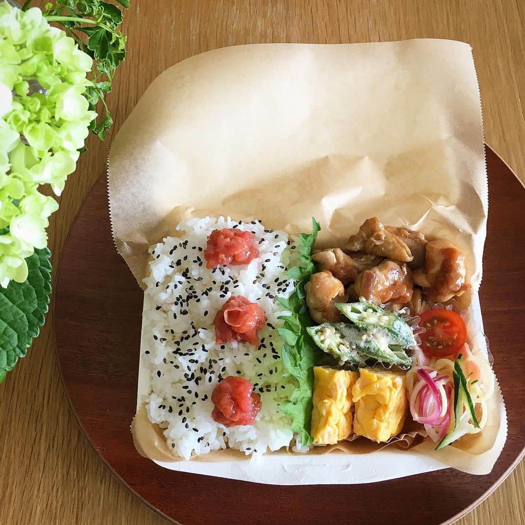 ecruのインスタグラム：「2019/06/20 (thu) 昨晩の「きょうの料理」より、大原千鶴さんの鶏もも肉の梅煮と紫玉ねぎのマリネを。 どちらもお酢を使っているので、これからの時期も安心です。 ・ ごま塩南高梅ご飯 鶏もも肉の梅煮 オクラのマヨポンごま和え 紅生姜入り卵焼き 紫玉ねぎのマリネ入りスパゲティサラダ プチトマト ・ #gonben #お弁当 #obento #bento #lunch #lunchbox #food #foodpic #foodphoto #ごん弁当 #instafood #instagood #yummy #love #japan #japanesefood #大学生弁当 #thankyou #onthetable #日々 #暮らし #お弁当記録 #ランチボックス  #使い捨て弁当箱 #きょうの料理 #大原千鶴 #花のある暮らし #紫陽花」