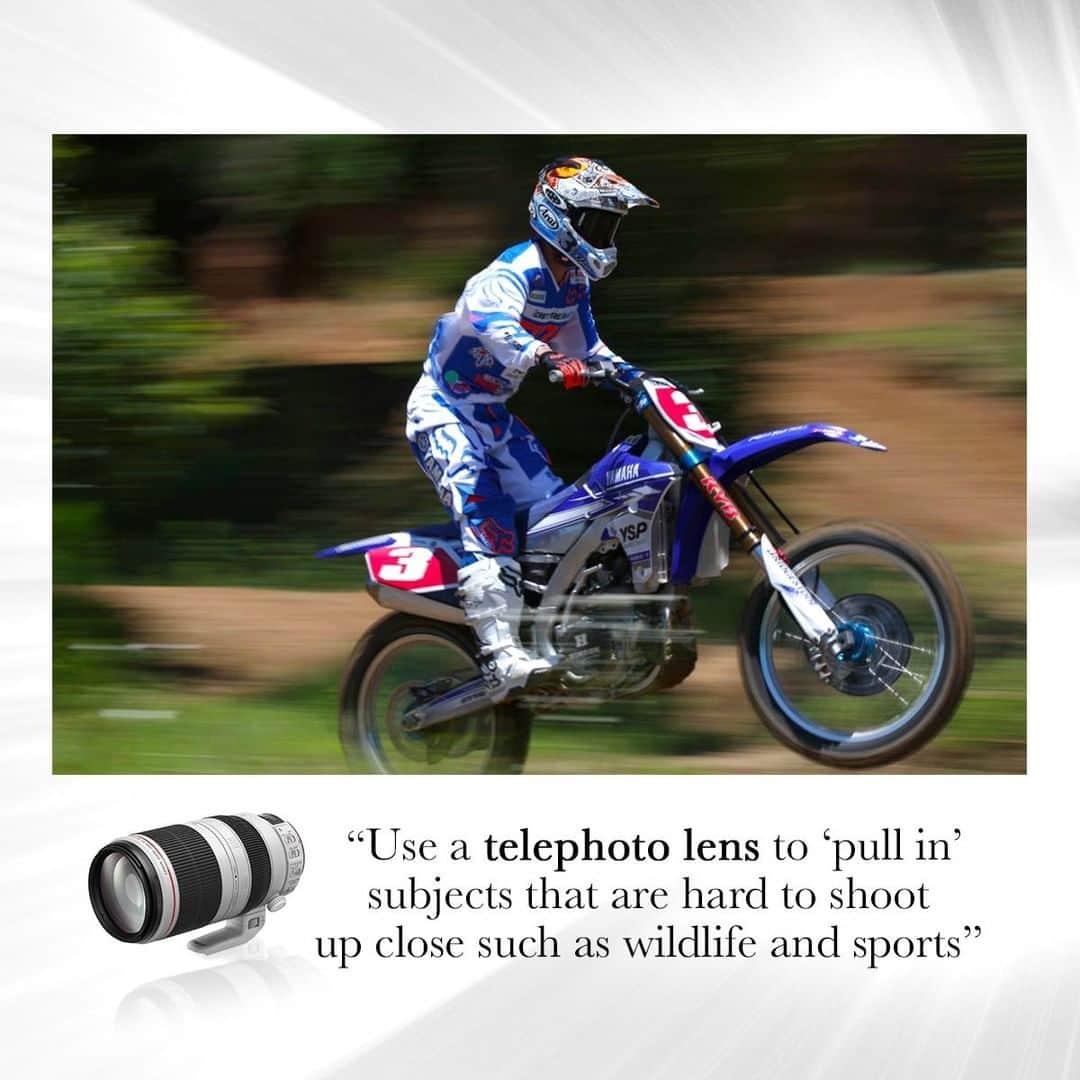 Canon Asiaのインスタグラム：「Telephoto lenses are well loved when photographing wildlife, sports, and car and bike races as they have the ability to make subjects far away look nearer and bigger than they really are! 🔍This is because the longer the lens focal length, the stronger the ability to "pull in" and fill the frame.  Compared to wide angle lens, images taken with a telephoto lens also tends to be true-to-life with less apparent subject distortion. Find out how to take better photos with a telephotos lens in the link in our bio📸  What are some of your favourite moments captured on your telephoto lens? Share them in the comments below and submit the photo on My Canon Story to stand a chance to be featured!」