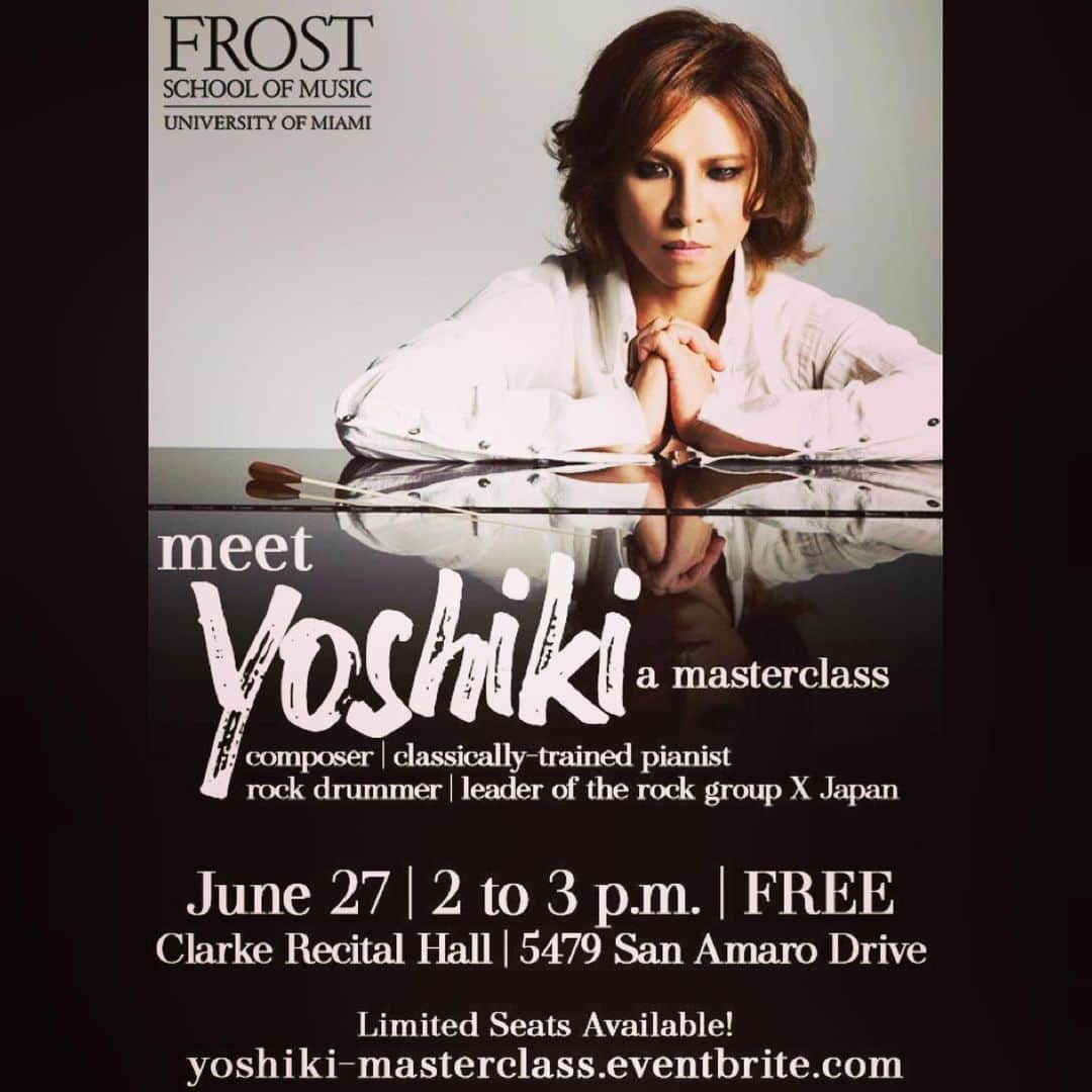YOSHIKIさんのインスタグラム写真 - (YOSHIKIInstagram)「See you in Miami! From #yoshiki先生 #YoshikiChannel Repost:  frostschoolum Join us for this FREE masterclass on June 27 with one of the world’s most prominent recording artists, composer, pianist, rock drummer and leader of the rock group #XJapan Yoshiki.Reserve your ticket→https://www.eventbrite.com/e/yoshiki-masterclass-at-the-frost-school-of-music-tickets-63495265047」6月20日 23時22分 - yoshikiofficial
