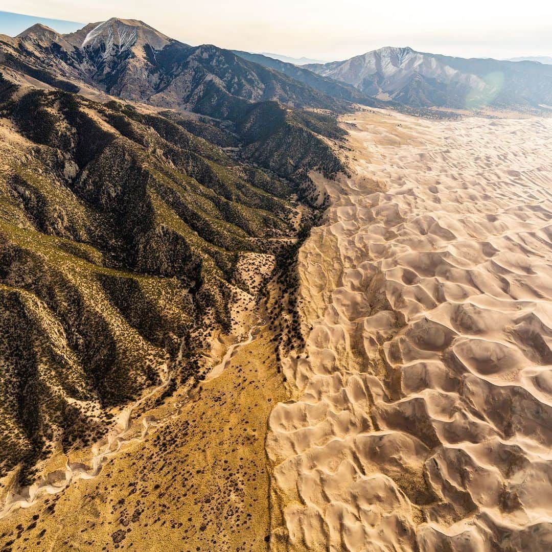 クリス・バーカードのインスタグラム：「A collision of two vastly different landscapes created by the same force of wind, water and time. Within the western US, the Colorado Great Sand Dunes National Park is one of my favorite landscapes to explore. . I’m sharing a few more of my personal favorite parks & public lands I hope you get a chance to explore at @pewenvironment」