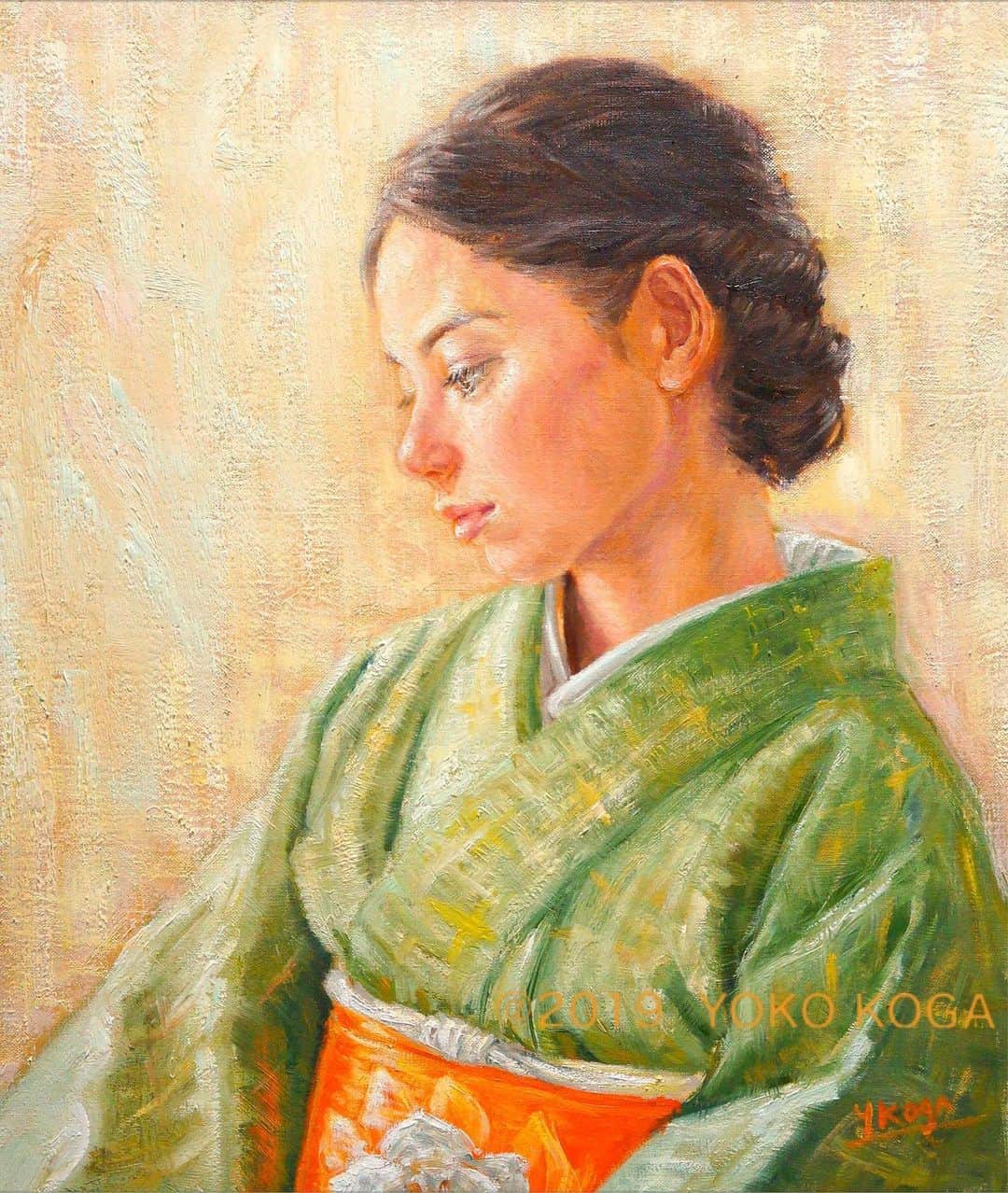 古賀陽子のインスタグラム：「“The Slanting Rays Of The Sun” 2019, oil on canvas, 45.5cm×37.9cm "斜陽" F8号  アート大阪2019 From GALLERY TOMO 🔜一般公開:7月6日(土)、7日(日) @ホテルグラヴィア大阪 26階 6008号室  大阪市北区梅田 3-1-1  I’m going to take part in ART OSAKA 2019☆ @Hotel Granvia Osaka Floor: 26  Room:6008  From GALLERY TOMO  #人物画 #肖像画 #portrait #アート #絵 #gallery #ギャラリー #画家 #artist #painter #portraitartist #painting #art #artwork #油絵 #oilpainting #artstagram #artistoninstagram #instapainting #instajapan #instaart #instaartist #古賀陽子 #yokokoga #exhibition #exhibit #大阪 #個展 #アート好きな人と繋がりたい #ギャラリー巡り」