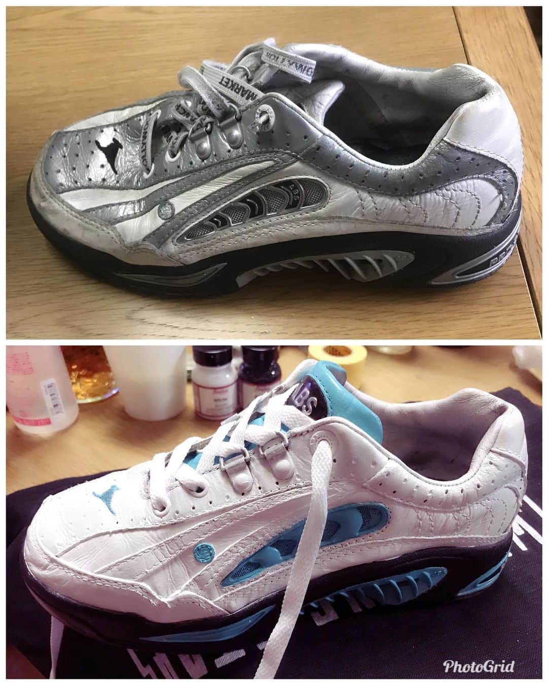 のインスタグラム：「昔履いていたもう履けなくなったボロボロのボウリングシューズをペイントしてみました👟 ティファニーブルーで爽やかに🍃 初めてペイントをしてみましたが、なかなか難しい💦 でも楽しい〜🥳 ボウリングシューズは24.5センチ、普段のスニーカーは25センチか25.5センチを履いています👍  #ボウリングシューズ #abs #nv4 #angelouspaint  #スニーカーカスタム」