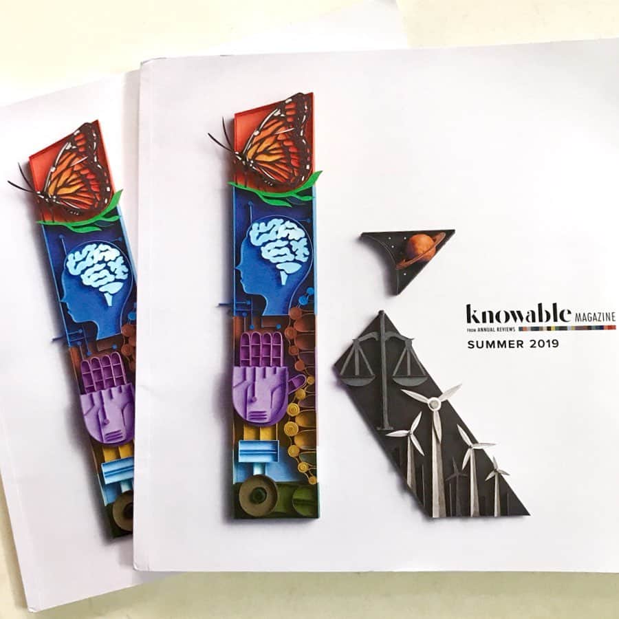 Sabeena Karnikさんのインスタグラム写真 - (Sabeena KarnikInstagram)「I’m excited to share the cover art I created for the very first print collection of Knowable Magazine which is a pure science web magazine. Swipe right to see images and behind the scenes of creating the cover in my story highlights under ‘Knowable Mag’. . It was a very interesting brief which needed me to do the logo with elements from the living world- butterfly, physical world- Saturn, health & disease- DNA helix, the mind- human brain, society- scales of justice, sustainability- windmills and tech- robotic arm. . I created the individual elements independently and arranged them in the letter. Trying to develop this new technique of paper sculpturing and not focus purely on quilling. . Many thanks @annualreviews @goodillo」6月20日 22時39分 - sabeenu