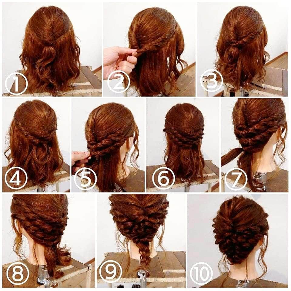 nest hairsalonさんのインスタグラム写真 - (nest hairsalonInstagram)「先程の投稿スタイルの作り方です！  アップアレンジ  ① トップの髪をひねってピンで留めます。ポンパドールを作る要領で。 ② その下のフロントからロープ編みをしていきます。髪を拾い足しながらロープ編み込みにします。 ③ ①の毛束を乗り越えたところでピンで留めます。 ④ 反対側も同じようにロープ編み込みをしてピンで留めます。 ⑤ その下の部分もサイドから同じようにロープ編み込みをしてピンで留めます。 ⑥ 反対側も同じように。 ⑦ 残っているえりあし部分の髪を両側からとり後ろで結びます。 ⑧ それをくるりんぱします。 ⑨ 残った毛束を三つ編みにして… ⑩ えりあしにまとめてピンで留めたら出来上がりです！  #横浜美容室#ヘアサロン#ヘアエステ#美容室#ヘアアレンジ#ヘアアレンジ解説#ヘアアレンジプロセス#簡単アレンジ#まとめ髪#ヘアスタイル#アップアレンジ#くるりんぱ#ロープ編み#三つ編み#横浜#横浜元町#石川町#元町#nest#nesthairsalon」6月21日 7時42分 - nest_hairsalon