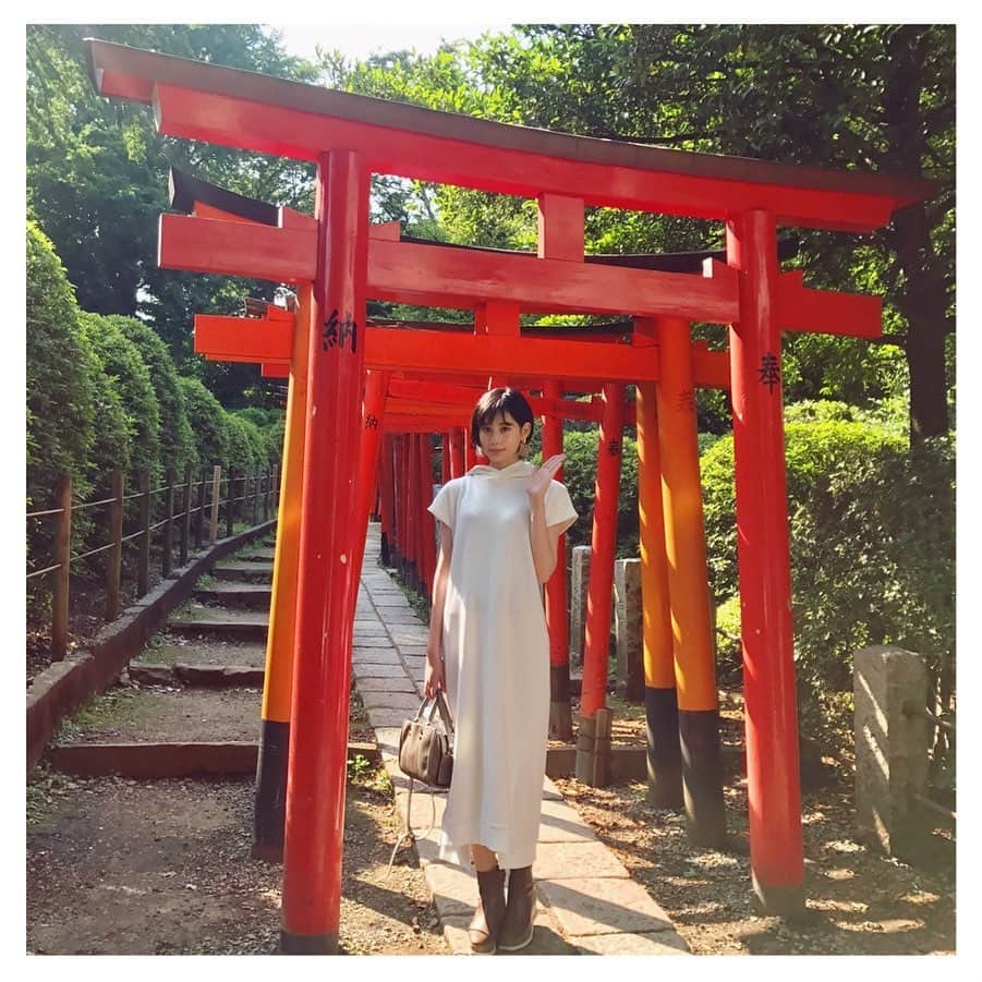 金城茉奈さんのインスタグラム写真 - (金城茉奈Instagram)「先日、根津神社に行ってきました⛩ 東京大学からも近く、文豪ゆかりの地だとか。 根津神社の境内にある、乙女稲荷神社には女性を守ってくれるお稲荷様が祀られているとのこと。乙女稲荷神社の参道にずらりと並んだ少し小ぶりの千本鳥居は邪気払いのパワースポットとも言われているそうで圧巻でした。 都会とは思えないくらいに自然豊かで静かな空間。ちょうど光も差していて緑と朱色がマッチして美しい空間でした。 東京にもこんなとこあるんですね！ 根津神社は、自分の殻が破れる神社とのことで私も、しっかりとお祈りをしてきました。 みなさんにもパワーよ届けっ！🙌🏻 下町散策にぜひ！根津神社に足を運んでみてはいかがでしょう(*'ω'*) #根津神社#乙女稲荷神社#乙女稲荷#神社#神社巡り#根津#根津#谷根千#東京#tokyo#パワースポット#千本鳥居#日本を感じよう」6月21日 19時27分 - mn75aa