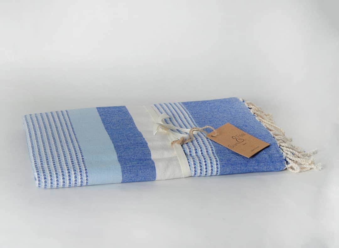 のインスタグラム：「With refined and chic design, this tricolored Fouta Ibiza Thin Stripe towel from Scents & Feel, will take you to your favorite destination. Enjoy a splash of blue and an air of simplicity with this hammam towel, and create your own paradise. Extremely absorbent and breathable light weight fouta is a pleasure to bring along in your summer tote. Now available on our Slow Design Shop, they are ideal to dry off at home, at the beach or lay draped on furniture as a fun throw. @scentsandfeel」