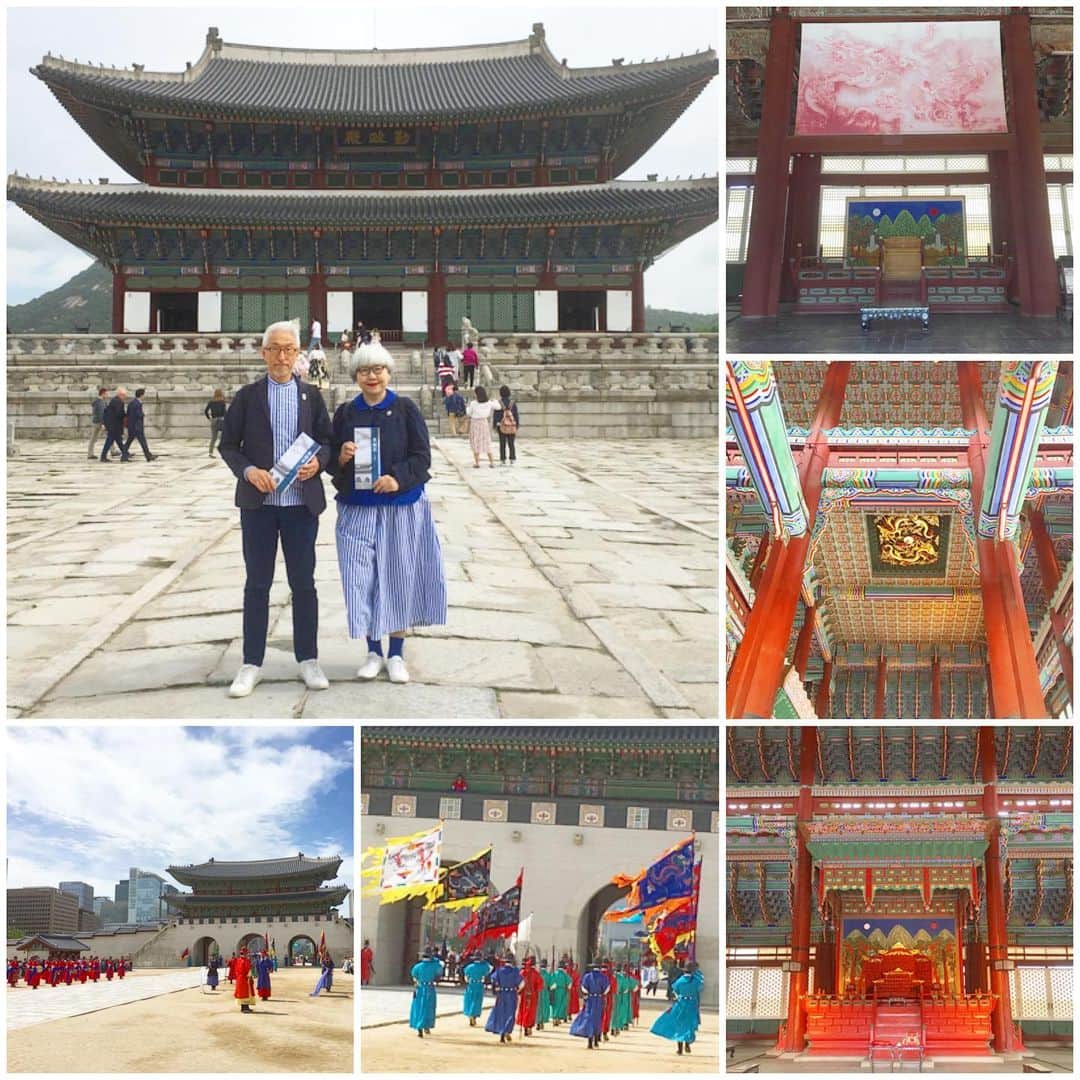 bon ponさんのインスタグラム写真 - (bon ponInstagram)「5月20日(月) 韓国6日目 ホテルで朝食 ・ 『景福宮(キョンボックン)』 朝鮮時代(1392〜1910)に最初に創建された法宮で、ソウルの宮殿のうち最も壮大で上品な王室文化の精髄が見られます。政務施設と生活空間、休息のための後苑などが位置し、特に最も美しい楼閣に挙げられる『慶会楼』の風景は圧巻です。宮内には、朝鮮王朝の遺物を展示する『国立古宮博物館』、韓国の伝統的な生活様式が見られる『国立民族博物館』があります。 ちょうど守門将交代儀式を見ることができました。 ・ 『ヒョジェの庭』 「暮らしの女王」と呼ばれ、自然主義で暮らす方式と世界的なポジャギ(韓国のパッチワーク)アートで注目されているイ・ヒョジェ氏のギャラリー・工房。 店内には美しい刺繍を施した伝統手芸の作品が並んでいました。お店の方から肌触りの良いオーガニックコットンのハンカチをいただきました。 ・ 『益善洞(イクソンドン)』散策 伝統工芸品などの店舗で賑わう観光地、仁寺洞(インサドン)から程近い、益善洞(イクソンドン)には韓国の伝統家屋である韓屋が立ち並びます。一時は再開発指定区域になったものの、お洒落なカフェが増えて韓国の人々の間で人気スポットになったことから一転。韓屋の保存のため再開発は中止となりました。古い建物を大胆にリノベーションしたカフェやショップが多く、独特の景色や雰囲気がソウルっ子に大人気。新旧が混在する、どこを切り取っても絵になるフォトジェニックな場所となっています。 カフェに入って一休み☕️🥧 ・ 『広蔵市場(クァンジャンシジャン)』 1905年に誕生し、100年以上の歴史を誇る広蔵市場。食材から衣類に至るまで幅広い商品を取り扱う巨大なマーケットです。なかでも「うまいもん通り」には屋台フードが集まり、常に多くの人で賑わっています。 ・ 昼食は、広蔵市場にあるお店に入って、一度食べたら麻薬のように病みつきになる「麻薬キムパッ(韓国風海苔巻き)」、「ピンデトッ(緑豆チヂミ)」を食べました。間違いない美味しさでした😍👍 ・ 『国立中央博物館』 韓国の代表的な博物館。館内には旧石器時代から朝鮮王朝時代まで、韓国だけでなくアジア文化をも網羅した15000点もの遺物が展示されています。じっくり観て回ると丸一日はかかりそうでした。企画展も面白かったです。 ・ 『ロッテワールドタワー』 ソウル市の東南部・蚕室(チャムシル)にそびえ立つ、高さ555メートル、123階建ての超高層タワーが『ロッテワールドタワー』です。2017年時点で世界第5位、アジア第3位の高さを誇ります。2017年にグランドオープン。117〜123階の展望台「ソウルスカイ」からソウルを一望できます😳😳 ・ 夕食は、ロッテワールドモール6階の『オデン食堂』で、名物のプデチゲを食べました。スパムやソーセージがたっぷり入ったプデチゲは、韓国で若い世代を中心に人気のチゲ。1960年創業の『オデン食堂』は、プデチゲ店の中でも元祖と言われているお店。韓国の人気グルメ漫画にも登場しました。あっさり味の秘伝スープと、スパム・ソーセージ・牛肉ミンチなどを強火で煮込んだプデチゲは、キムチの酸味が効いていてクセになる味。少し濃いめの味付けが白飯と相性抜群です👍👍 ・ ・ #韓国視察旅行 #韓国観光公社 #ソウルで一週間暮らし #韓旅サポーターズ #ソウル #夫婦 #60代 #ファッション #コーディネート #リンクコーデ #夫婦コーデ #グレイヘア #白髪 #共白髪 #couple #over60 #fashion #coordinate #instafashion #instagramjapan #greyhair #bonpon511」5月28日 19時01分 - bonpon511