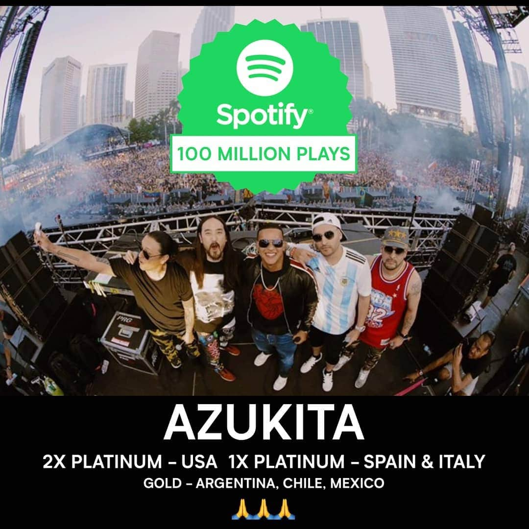 スティーヴ・アオキさんのインスタグラム写真 - (スティーヴ・アオキInstagram)「Big love big hugs big kisses to all our fans for streaming 100 million on @spotify!!!! Love all of u!! Who wants another one? #azukita @daddyyankee @elviscrespolive @playnskillz」5月29日 9時08分 - steveaoki