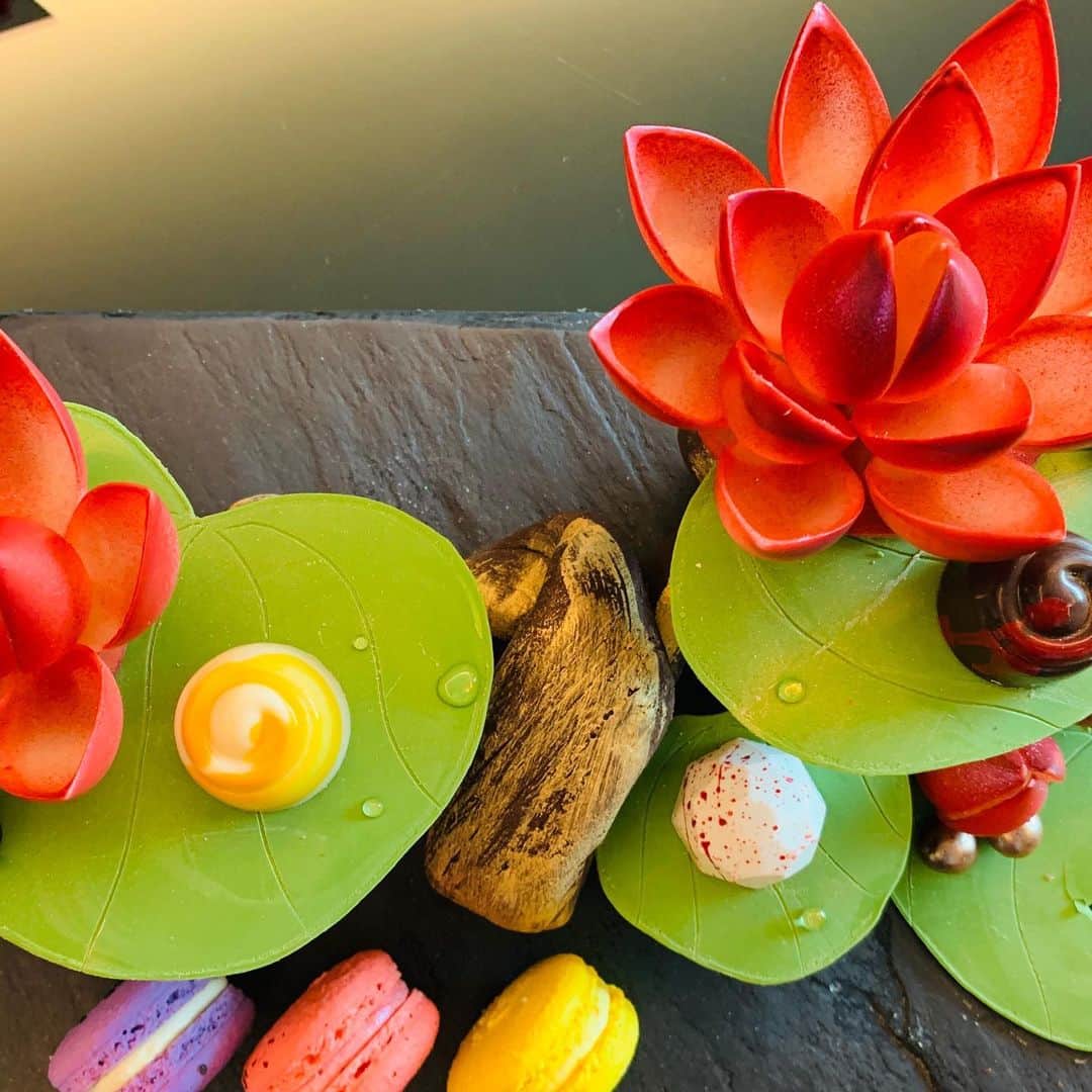 世耕弘成のインスタグラム：「ジャカルタのホテルの部屋に、ハスの花を形取ったチョコレートが。」