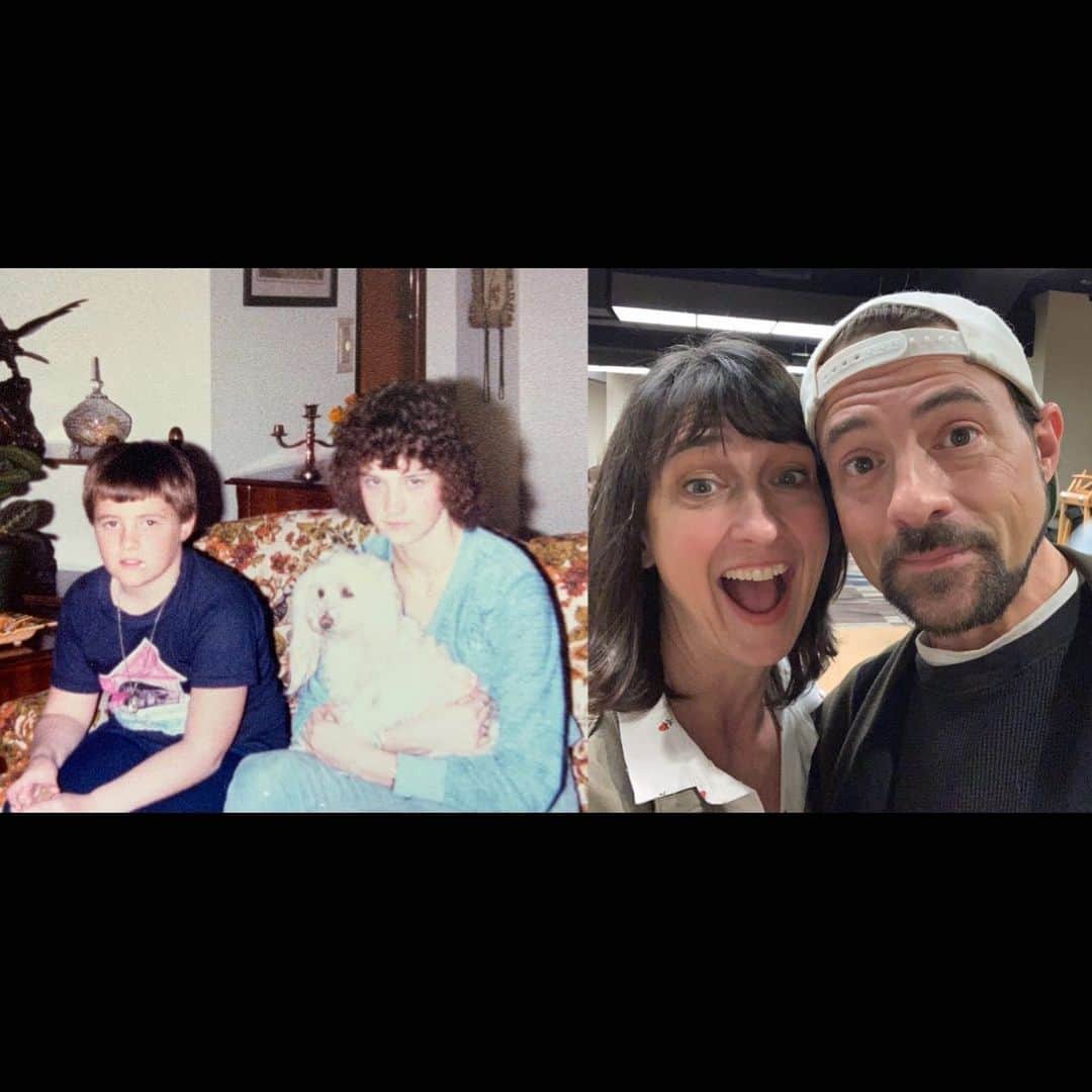 ケヴィン・スミスのインスタグラム：「Me and my sister @virginia_in_vienna, first in 1979, then 40 years later in 2019. Virginia was the first writer I ever knew, and she introduced me to the concept that creativity was free when I was 5 and she was 10. I’d found a composition notebook under my sister’s bed, and inside, I found a drawing of Virginia and her friends surrounding what looked like a dungeon door, under the title “The Secret of the Cellar Door.” When I asked my sister what it was, she said “I’m writing a book about me and my friends.” Instantly, I was indignant. “You can’t just write a book! You gotta ask the government first!” I thought this because my library card had a government seal on it. Then, in an almost Lucy Van Pelt-ish delivery, as if morally outraged by the very thesis her 5 year old brother had presented, my ten year old sister Virginia imparted this crucial piece of information that would rock the foundations of my tiny Jersey world and forever cement my destiny. “This is America! You don’t need permission to write a book,” my Sister said. “You never need permission to be creative.” There it was: Patriotic permission. “You are allowed to dream big because that’s your right as an American.” That was all I ever needed: someone to say “Run, Barry. Run.” I’ve been making up stuff ever since - first because I was given permission, then because it was profitable, but always because it’s still fun. My Sister cracked open my universe nearly 44 years ago with words I still live my life by: “You never need permission to be creative.” Thanks, @va2view! Those are some magic words. #KevinSmith #virginiasheridan #writer #70sfashion #70s」