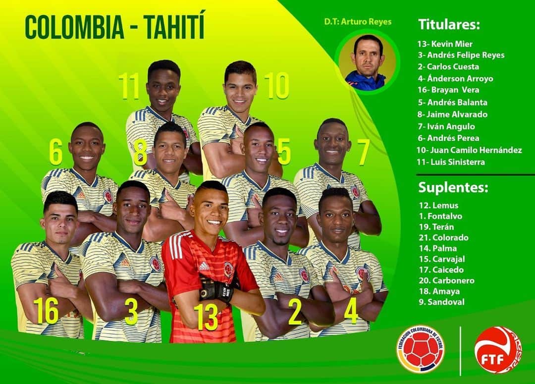 サッカー コロンビア代表チームのインスタグラム：「‪Nómina titular de nuestra Selección Colombia Masculina Sub-20 para enfrentar a Tahití. 💪🏼🇨🇴⚽‬ ‪#COLTAH #U20WC #MundialSub20 #VamosColombia‬」