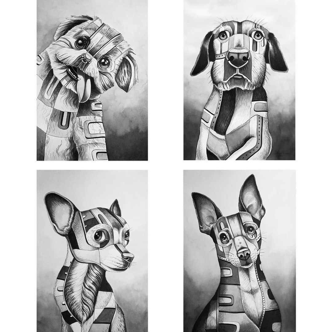 のインスタグラム：「These four dapper doggie paintings just sold at the ultra chic @ma39shop located at 7408 Beverly Blvd in Los Angeles. They are from a collection of paintings sold exclusively there based on shelter pets in conjunction with @henryshopefoundation. A few famous doggies were in this series including one of senior sensation @marniethedog which sold.  Thank you so much Maurizio Almanza for having my work in your amazing shop. 🐶 #maurizioalmanza #ma39shop #interiordesign #davidgilmorestudio #henryshopefoundation #rescuedog #shelterpets」