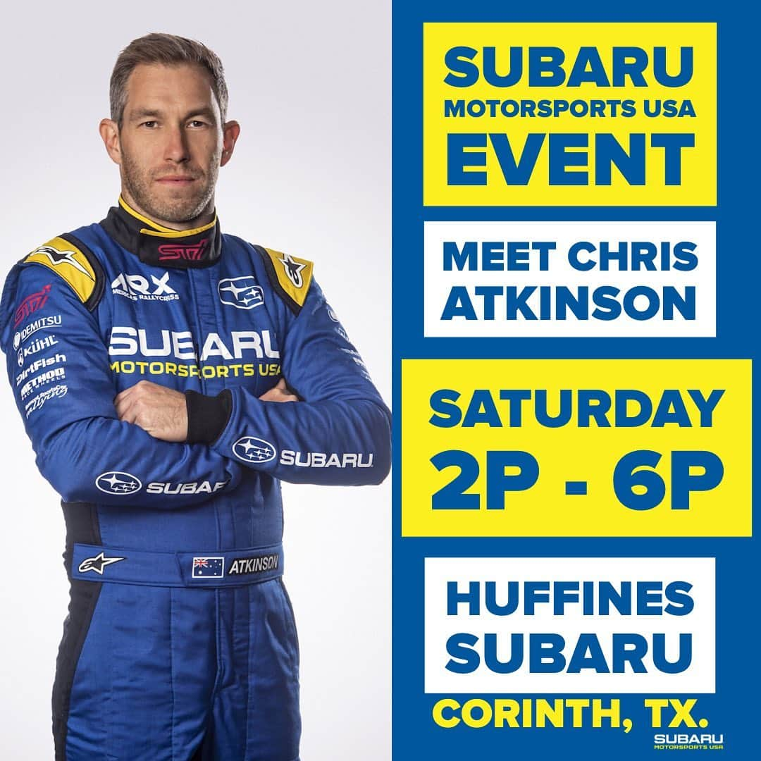 Subaru Rally Team USAさんのインスタグラム写真 - (Subaru Rally Team USAInstagram)「Dallas TX! @ChrisAtko is coming to @huffinessubaru this Saturday to celebrate their grand opening! Come join us and party with Atko. 🤠✨ #Subaru #SubaruMotorsportsUSA」5月30日 3時57分 - subarumotorsportsusa