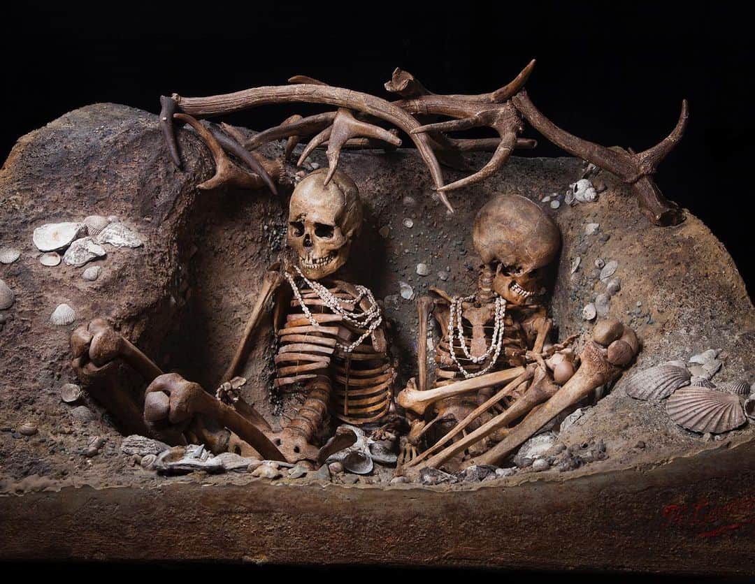 Robert Clarkさんのインスタグラム写真 - (Robert ClarkInstagram)「Murdered, then buried together, two women from a Mesolithic cemetery on Téviec Island in #Brittan, #France, pay witness to a violent age.Did the rising tide bring neighboring populations into conflict? In an area known as Doggerland was an area of land, now submerged beneath the southern #NorthSea, that connected Great Britain to continental Europe. It was flooded by rising sea levels around 6,500–6,200 BC. It was a rich habitat with human habitation in the Mesolithic period, although rising sea levels gradually reduced it to low-lying islands before its final submergence, possibly following a tsunami caused by the Storegga Slide.The bodies had been buried with great care in a pit that was partly dug into the ground and covered over with debris. They had been protected by a roof made of antlers and provided with a number of grave pieces of flint and boar bones, with jewelry made of seashells drilled and assembled into necklaces, bracelets, and ringlets for the legs. #Doggerland was named in the 1990s, after the Dogger Bank, which in turn was named after the 17th-century Dutch fishing boats called doggers.The above individuals of Téviec or #Théviec is an island situated to the west of the isthmus of the peninsula of Quiberon, near #Saint-Pierre-Quiberon in #Brittany, France. From 1928 to 1934, archaeologists Marthe and Saint-Just Péquart discovered and excavated a range of Mesolithic habitats and a necropolis of the same period.  During the #Mesolithic period, the sea level was much lower – it was possible to walk from #France to #England – and Téviec was situated in a lagoon.  The hunter-gatherers of #Téviec buried their own dead in the middens. This helped to preserve the graves, as the carbonates from the shells in the middens insulated human bones from the acid soil.Many tools made of bone and antler were found along with numerous flint microliths. They were originally believed to date to 6575 years BP (± 350 years) but have now been dated to between 6740 and 5680 years BP. This indicates a longer occupation than previously thought, with its end coming at the beginning of the #Neolithic period.@atedge」5月31日 1時07分 - robertclarkphoto