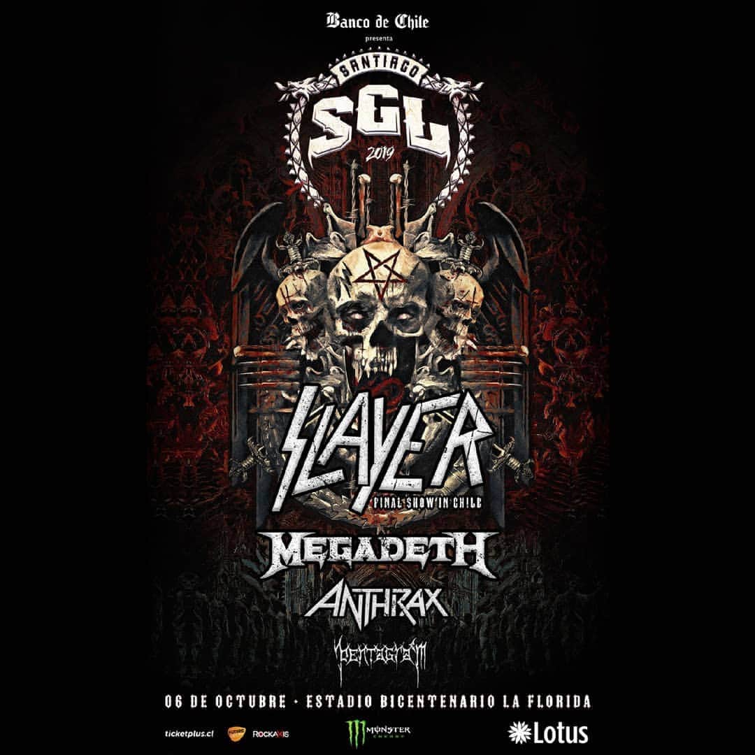Megadethさんのインスタグラム写真 - (MegadethInstagram)「Megadeth will share the stage once again with Slayer and Anthrax at the Santiago Gets Louder festival in Santiago, Chile on October 6. Tickets go on sale Wednesday, June 5 @ 12 noon. megadeth.com/tour  Megadeth compartirá escenario una vez más con Slayer y Anthrax en el festival Santiago Gets Louder en Santiago de Chile el 6 de octubre de 2019. Los tickets saldrán a la venta el miércoles 5 de junio a las 12 del día. megadeth.com/tour」5月31日 2時24分 - megadeth