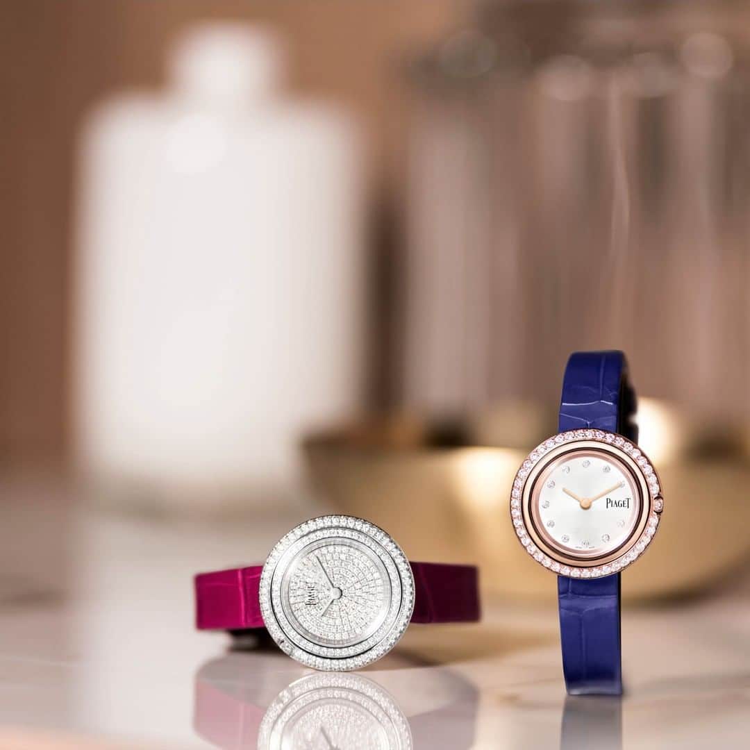 のインスタグラム：「Experience an explosion of colour with #PiagetPossession watches in dark cherry pink and lapis lazuli. #Piaget #Watch #PiagetWatch #TurnAndShine」