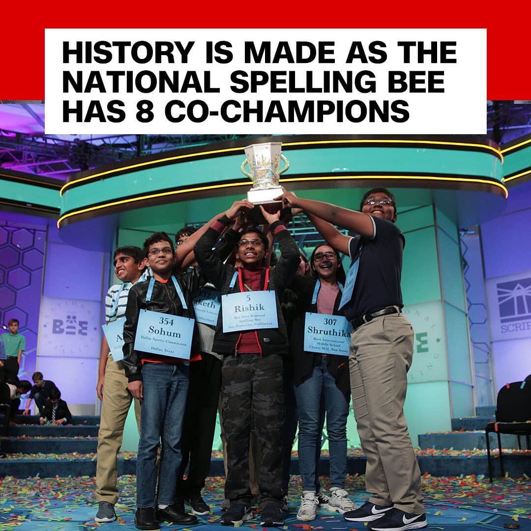 CNNさんのインスタグラム写真 - (CNNInstagram)「Can you spell H-I-S-T-O-R-Y? The 92nd Scripps National Spelling Bee had an epic ending with eight co-champions. The spelling bee was stopped after it went 20 rounds, which included a run of 47 correct words to end the competition. The unprecedented move was made after round 17, when it was decided that while there were plenty of words left in the dictionary, there were only enough challenging words for three final rounds. The Bee's official pronouncer called the group "the most phenomenal assemblage of super-spellers" in the competition's history - "We're throwing the dictionary at you and so far, you are showing the dictionary who is boss." Each of the eight champions will receive a $50,000 prize. (📸: Alex Wong/Getty Images)」5月31日 16時58分 - cnn