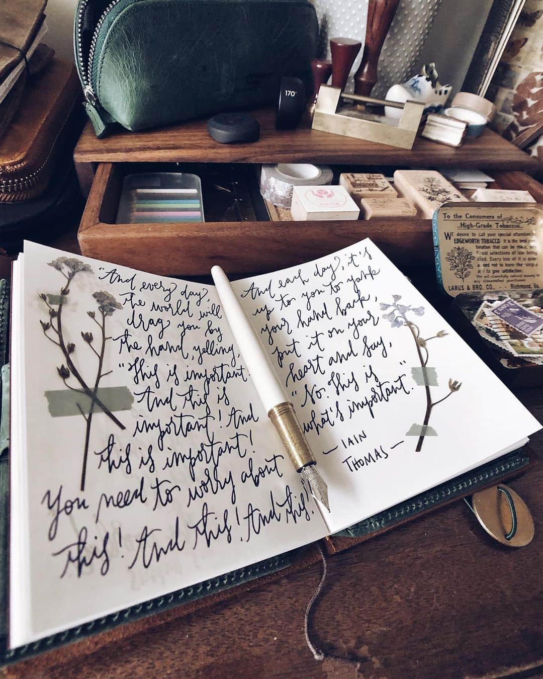 Catharine Mi-Sookさんのインスタグラム写真 - (Catharine Mi-SookInstagram)「“she woke up every morning with the option of being anyone she wished . how beautiful it was that she always chose herself.” -tyler kent white . . . . Brush Fountain Pen @ferriswheelpress. TN Passport @nomadostore. Pen/Glasses Case @franklinchristoph. Wooden Sketchbox @galen_leather. Art print @jessicaseacrest. . . . . #journaling #dailyjournal #desksetup #ferriswheelpress #fountainpens #franklinchristoph #galenleather #loveforanalogue #nomadostore #midoripassport #travelerscompany #トラベラーズノート #penmanship #journallove #creativespace #creativejournal #handsinframe #midoritravelersnotebook #woodenstamps #stationery #stationerylove #scrapbooking #thedailywriting #abmspaces #shotonmoment #momentwide #momentgear #momentlens」5月31日 22時59分 - catharinemisook