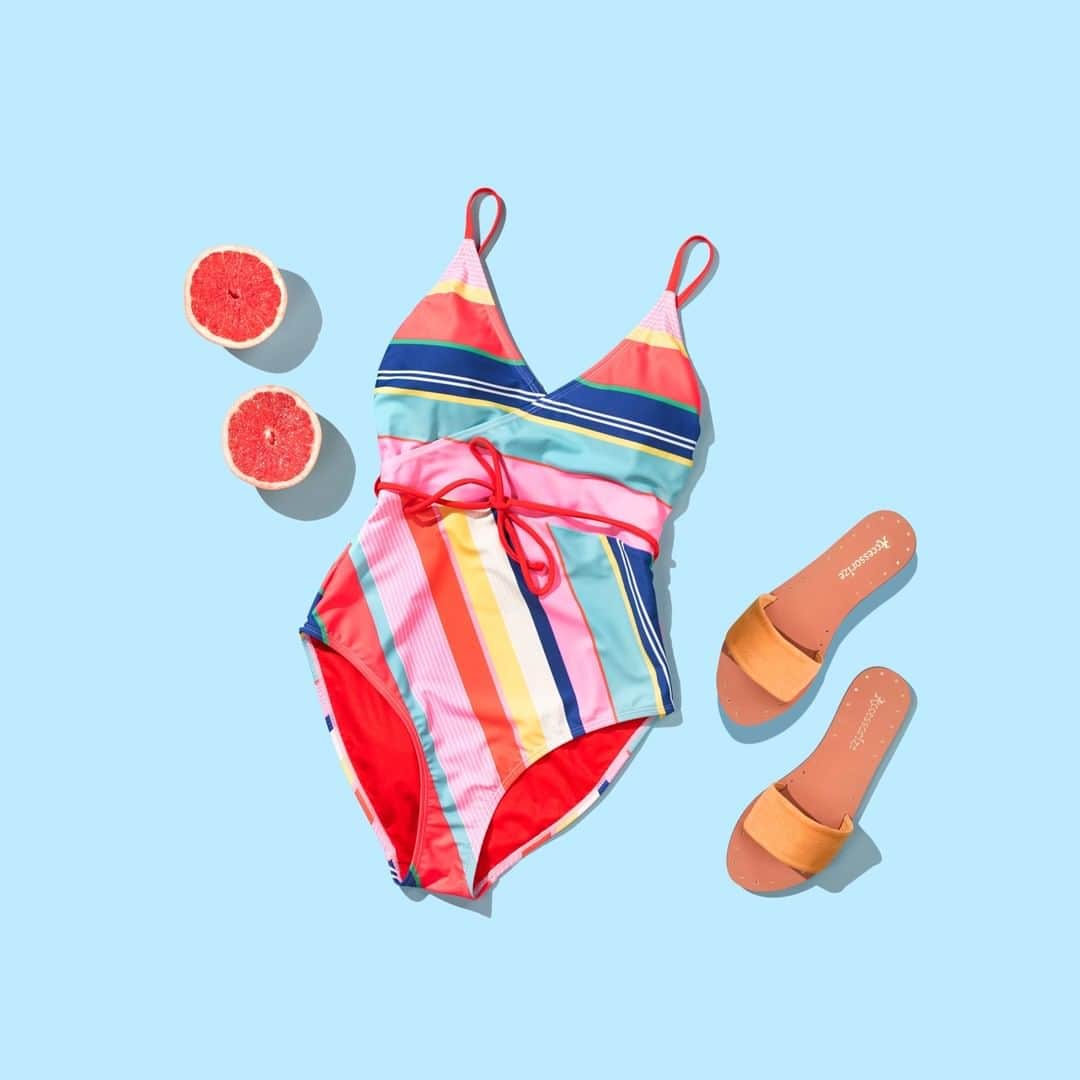 アクセサライズのインスタグラム：「What's fun, flattering and striped all over? Your new favourite swimsuit.🌈 Made with a tie waist detail, our Fiesta strip swimsuit complements colour-block sliders beautifully. 🔍 Swimsuit: 6976129912 🔍 Sliders: 6950539839  Tap the link in the bio to shop now.  #Accessorize」