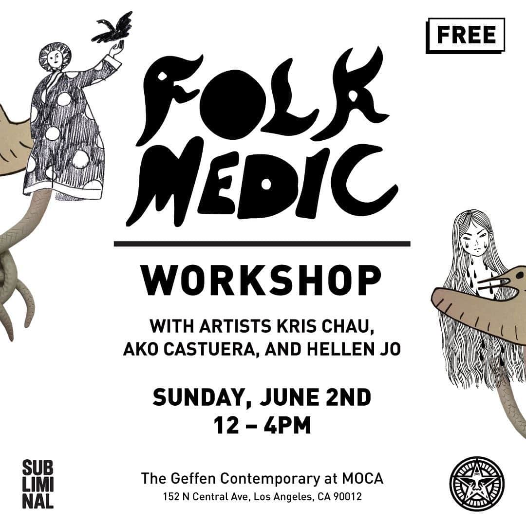 Shepard Faireyさんのインスタグラム写真 - (Shepard FaireyInstagram)「My team at @subliminalprojects is teaming up with @MOCA this Sunday, June 2 from 12pm - 4pm for our #FOLKMEDIC workshop at MOCA Community Day! This year's Community Day is centered around the homelessness crisis in Los Angeles, focusing on the youth population affected by the crisis, and how creative experiences can spark change. We invite our communities to join together for a day of service, discussion, and creative activation around this urgent topic impacting our city and its citizens.⠀⠀ ⠀⠀⠀⠀⠀⠀⠀⠀⠀⁣⠀⠀⠀ "Folk Medic" with Kris Chau @chaufacetime, Hellen Jo @helllllenjjjjjo, and Ako Castuera @akocastuera will be an extension of the three-woman exhibition last year at my gallery, Subliminal Projects. This workshop is a meditation on mask and zine making, providing accessible artistic ways for young people to connect and share their personal experience with each other, underscoring the idea that we are not isolated but on a collective path.⠀⠀ ⠀⠀⠀⠀⠀⠀⠀⠀⠀⁣⠀⠀⠀ Be sure to follow @MOCA and visit the link in bio for more details!⠀⠀ - Shepard⠀⠀ ⠀⠀⠀⠀⠀⠀⠀⠀⠀⁣⠀⠀⠀ #FOLKMEDIC #MOCA #subliminalprojects #losangeles」6月1日 2時03分 - obeygiant