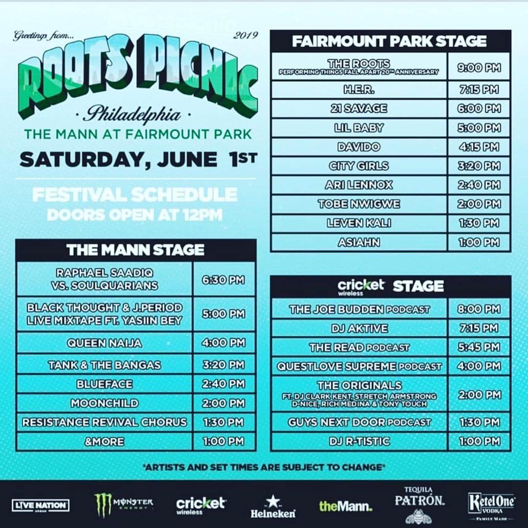 クエストラブさんのインスタグラム写真 - (クエストラブInstagram)「1) this is @RootsPicnic I been talking and talking bout this since Feb. we expanded to #FairmountPark because the demand is outta this world. All you last min people now know when a mofo tells you mad early to cop tix DO IT. Damn near sold out.  2. This is complete #RootsPicnic lineup, but there is everything: food villages/games/arcades/podcast stages/silent discos/lifestyle tents/& duh of course we not talking about the surprises in store  3. Plenty of parking/pickup locations/options to make getting to and from the picnic easy  4. The @KissNGrind party is damn near a religion. THAT’s where I’ll be spinning afterwards. Follow em. Or follow @flygirrl for info.  5. Sunday morning take the family and kids rollerskating at @blue_cross_riverrink my #Breaks4Kids party will be in effect. 12-3  6. Every year: @sundaephilly party in effect 6pm until I can’t give no more.  Philly I’m giving you 3.5 hrs of picnic love (@qls/ @raphael_saadiq/ @theroots) & 10 hrs of djn. #DoYouWantMore?!!??」6月1日 13時59分 - questlove